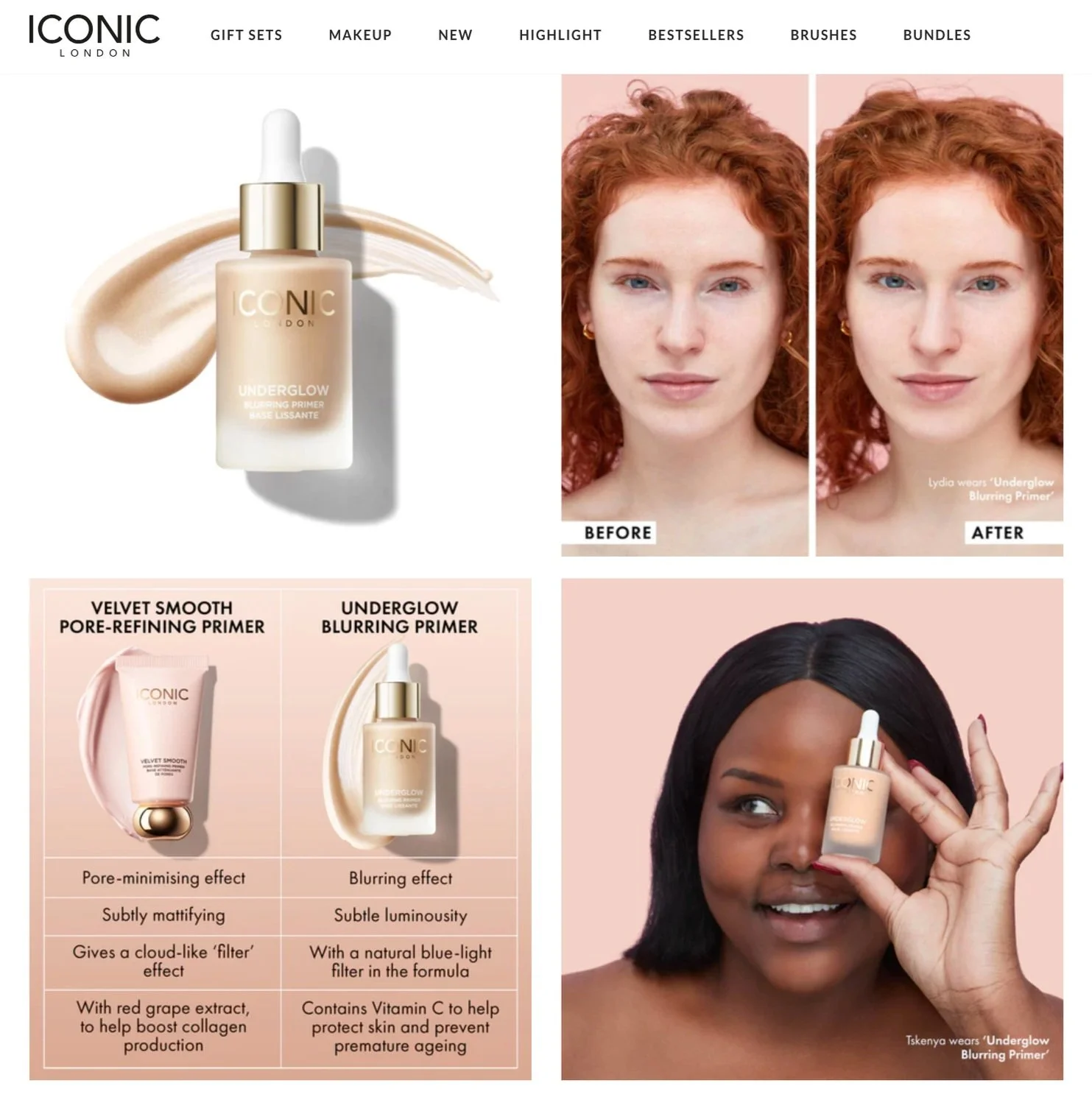 Product images of Iconic London makeup primers, including a large bottle of Under Glow Blurring Primer with a swatch of product, and smaller tubes of Velvet Smooth Pore-Refining Primer and Under Glow Blurring Primer, along with before and after photo