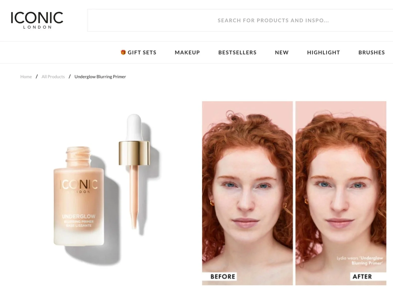 Product image of ICONIC London Under Glow Blurring Primer with a before and after photo of a woman with red hair, demonstrating the primer's effect on her skin.