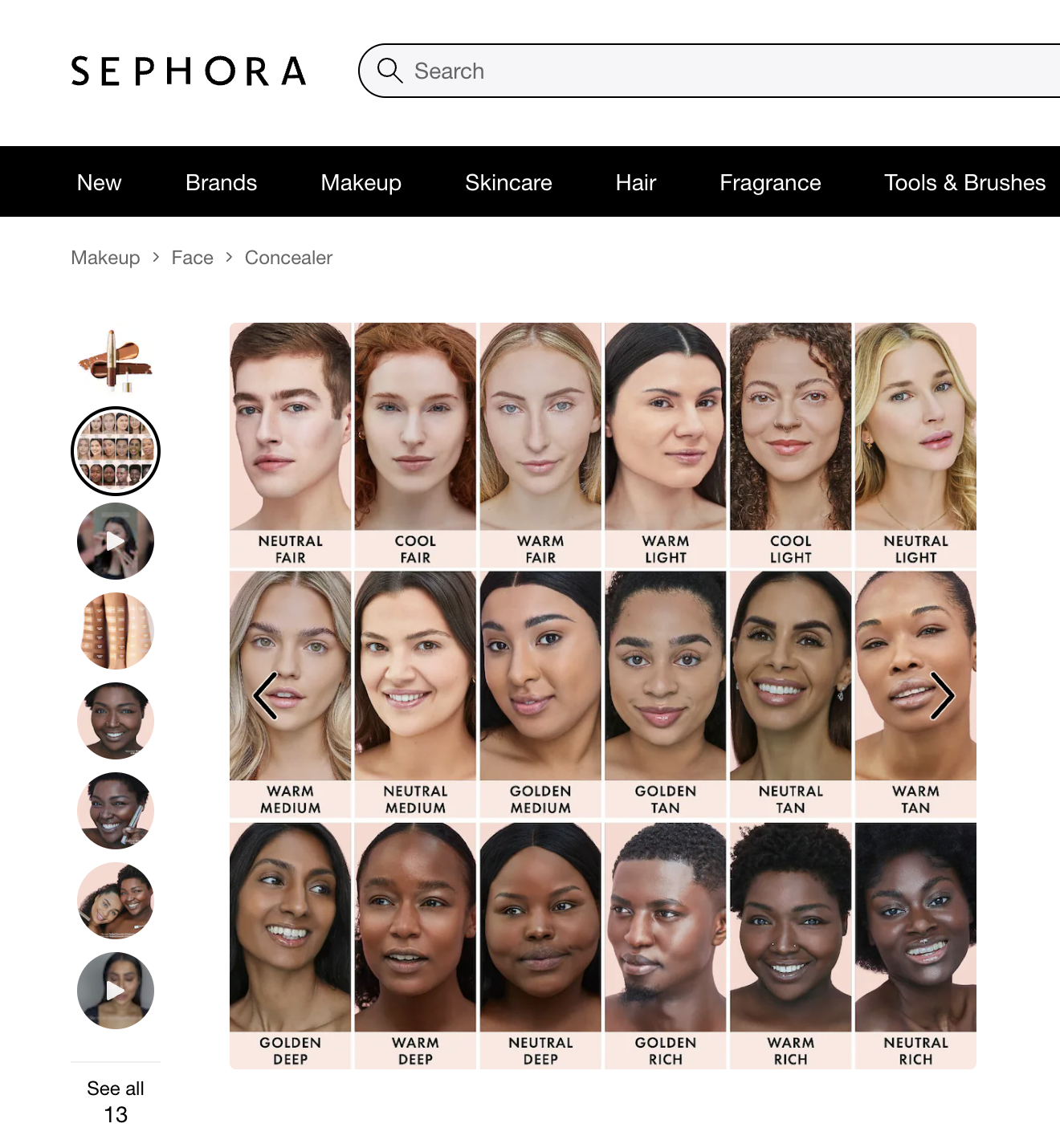 Sephora makeup color match guide featuring diverse skin tones and corresponding foundation shades labeled as neutral, cool, warm, and golden tones.