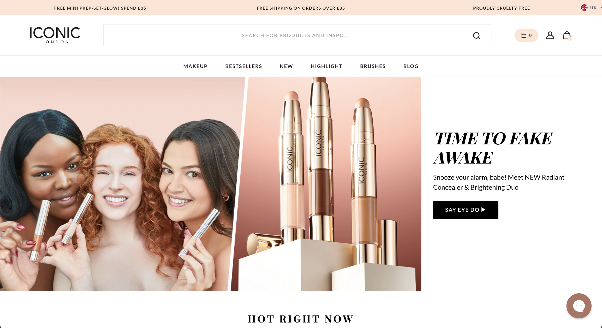 Website homepage for ICONIC London featuring women holding concealer and brightening sticks and product display of glow sticks. Promotional banner with special offers. Navigation menu includes makeup, bestsellers, new, highlight, brushes, blog.