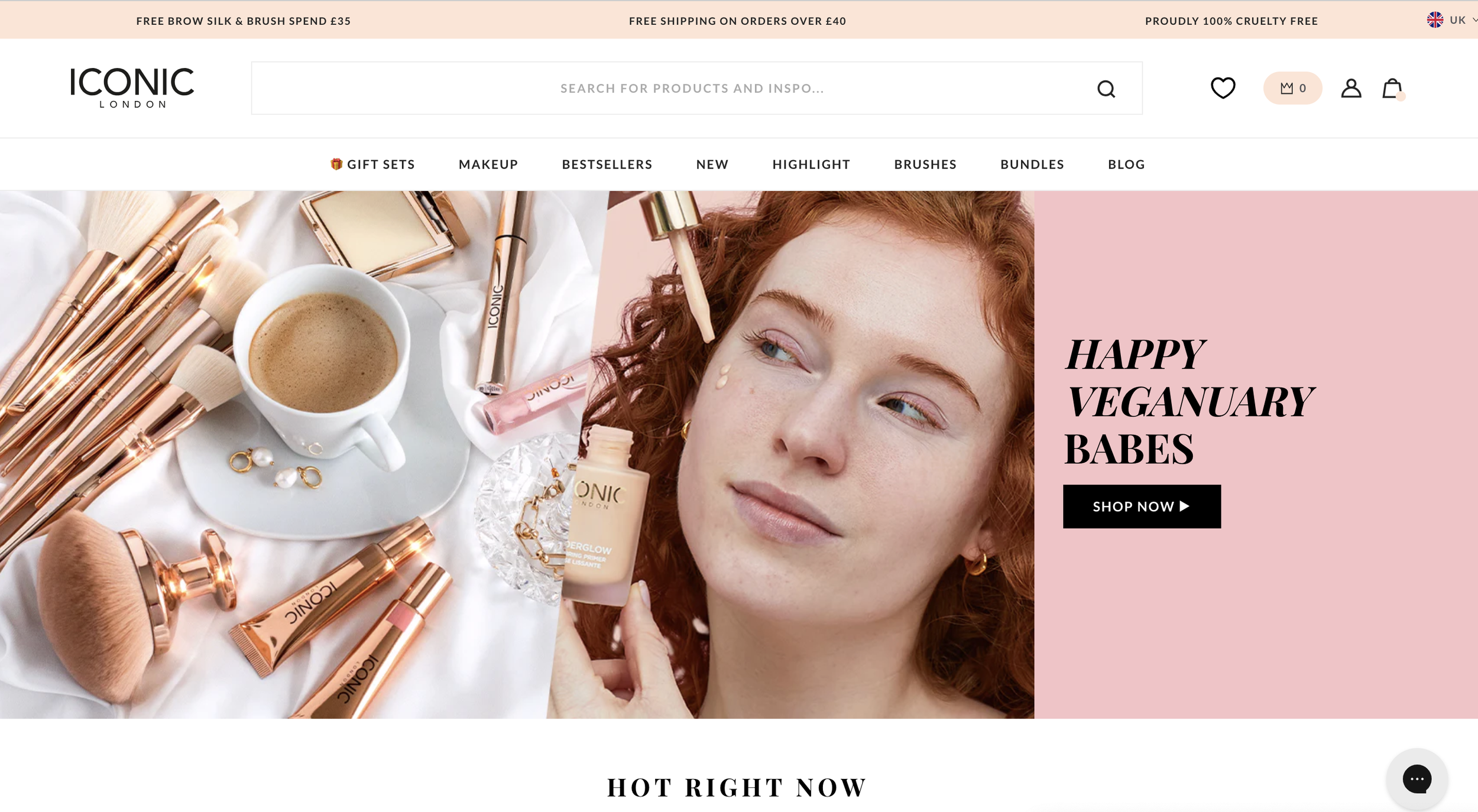 A woman applying skincare serum with makeup brushes, a cup of coffee, and makeup products on a white cloth, promotional banner for ICONIC London with a pink background and text celebrating Veganuary.