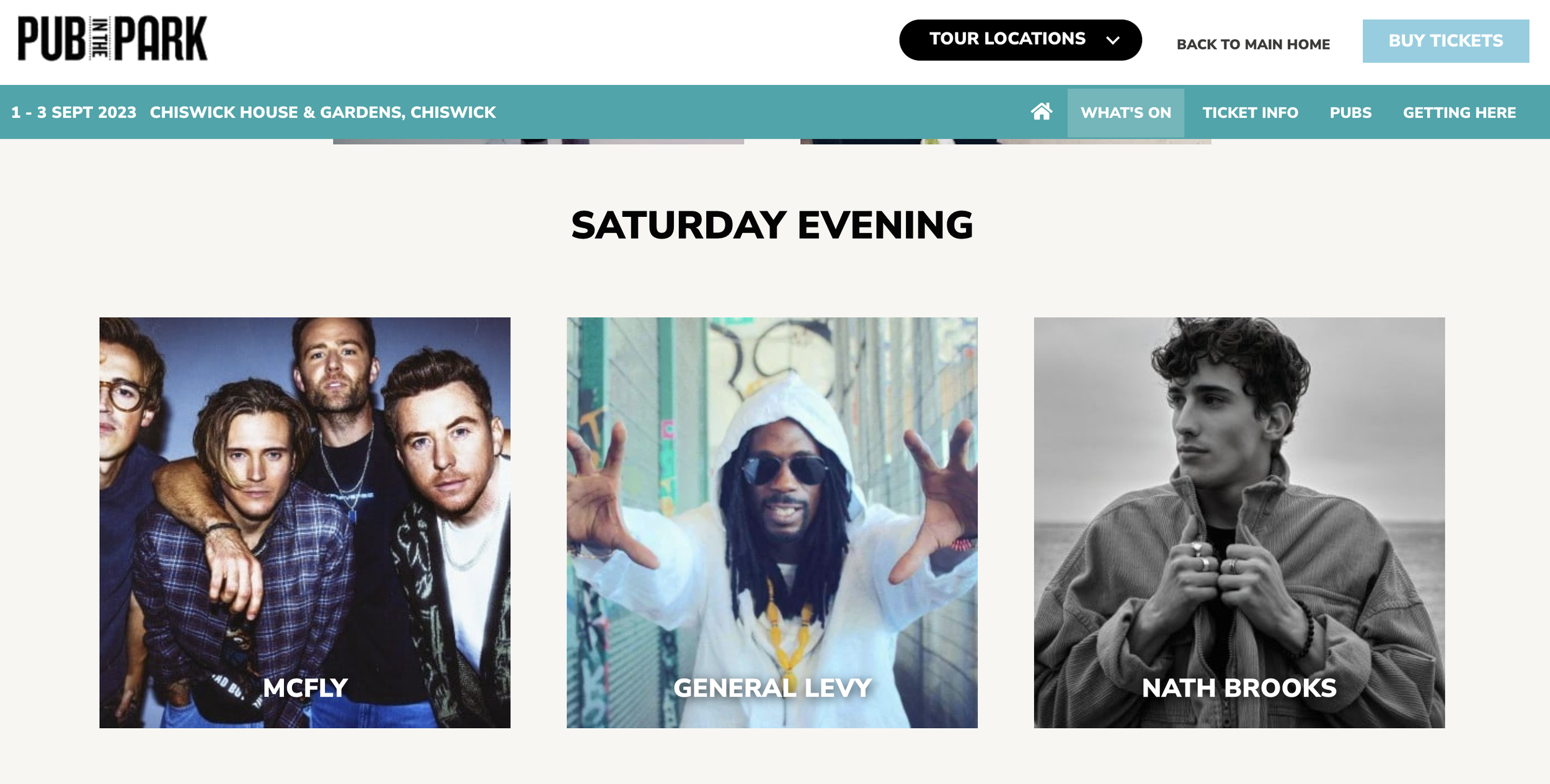 Three photos of musicians on a concert lineup. Left: the band McFly, middle: artist General Levy, right: musician Nath Brooks, all promoting their Saturday evening performances.