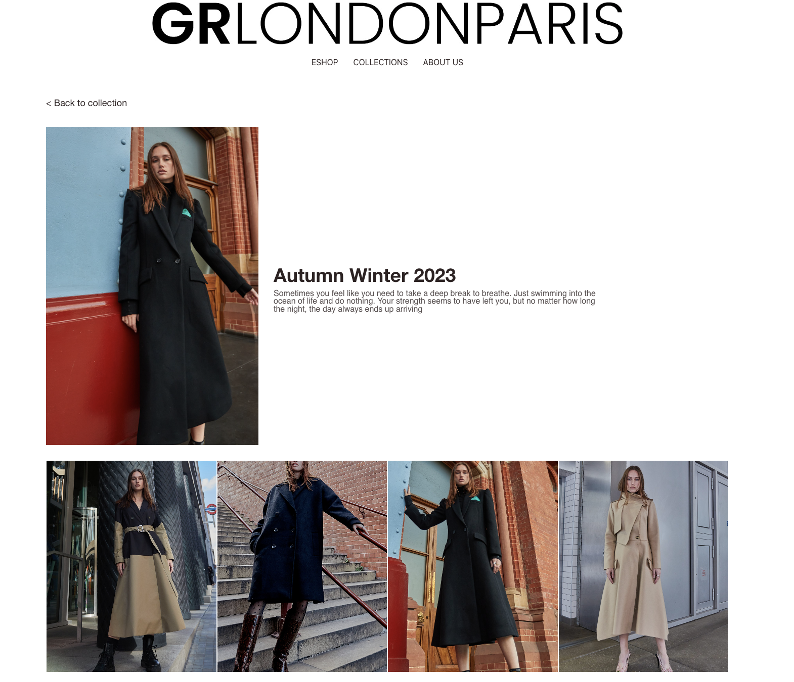 Fashion website featuring autumn and winter coats, with a main image of a woman in a long black coat standing against a colorful urban background. Smaller images below display women in various coats, including beige, navy, and black, in outdoor city 