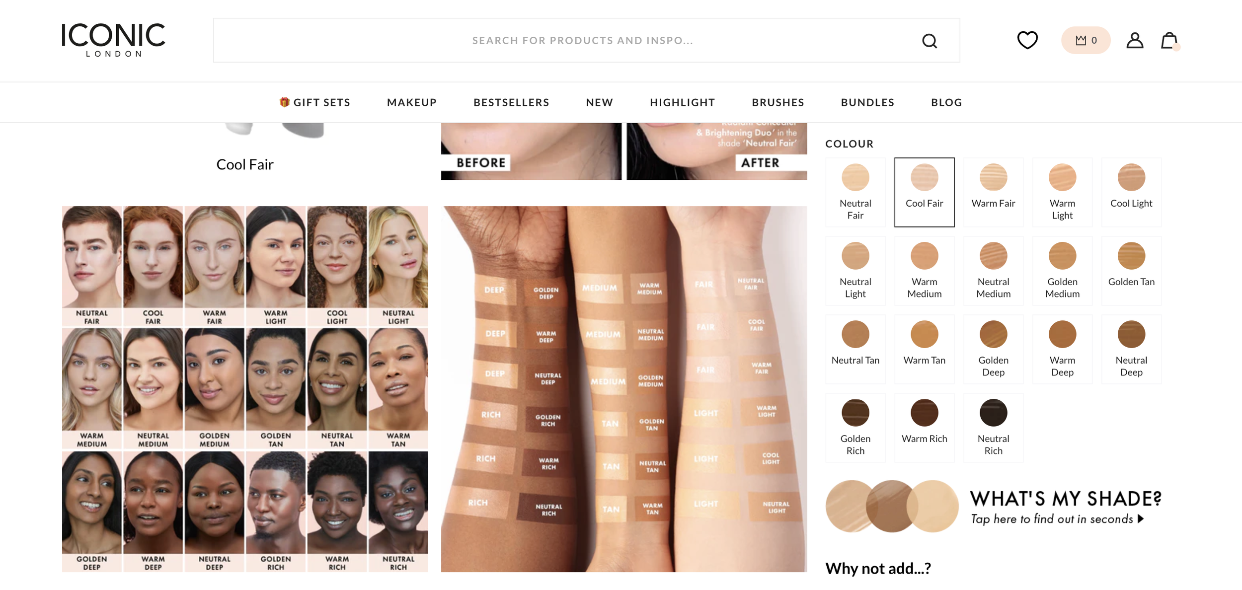 Swatches of foundation shades with labels such as Deep, Golden Deep, Medium, Warm Medium, Fair, Neutral Fair, and other shades on arms; color palette with skin tone circles labeled with foundation shades like Neutral Fair, Cool Fair, Warm Fair, Warm 