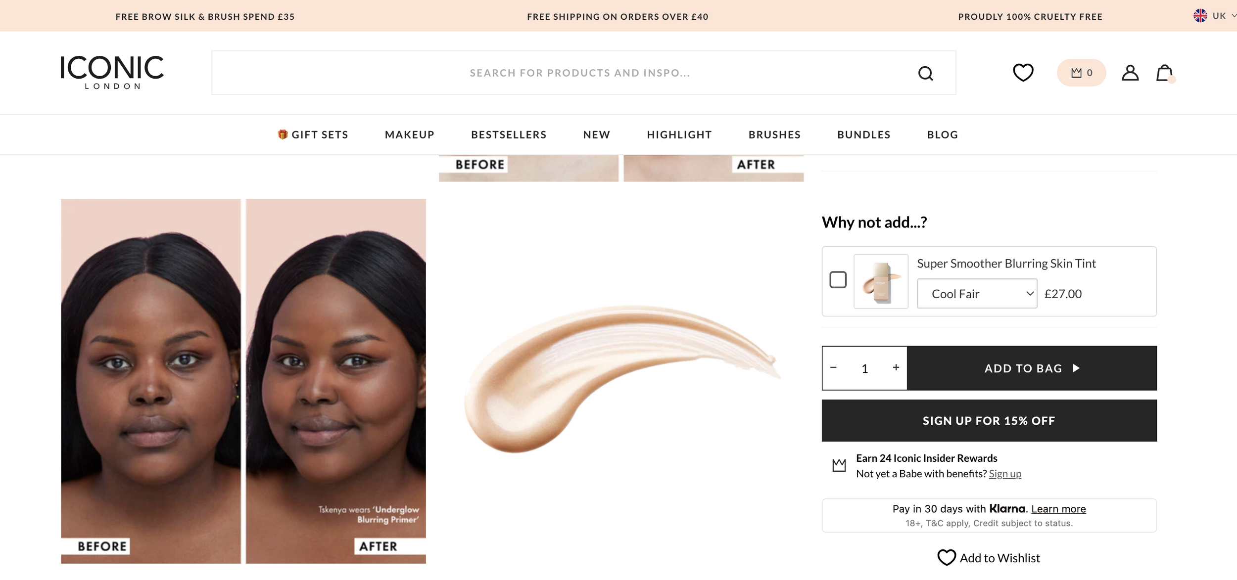 Comparison of a woman's face before and after makeup application, showing smoother complexion and enhanced features. The product shown is 'Super Smoother Blurring Skin Tint' in Cool Fair shade.