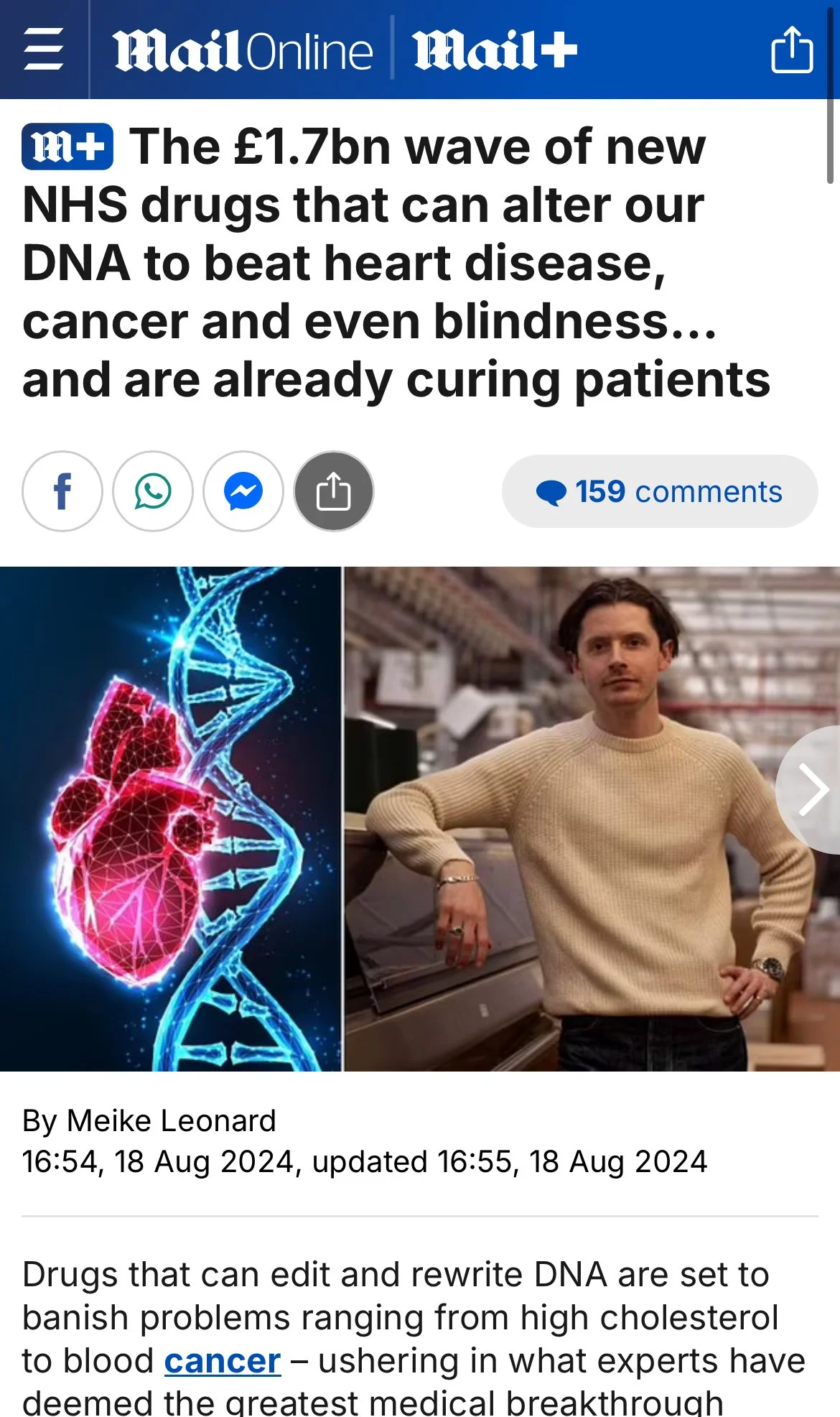 Screenshot of a news article about NHS drugs that can edit DNA to treat diseases, featuring a digital illustration of a heart intertwined with a DNA strand and a man in a beige sweater in a warehouse setting.