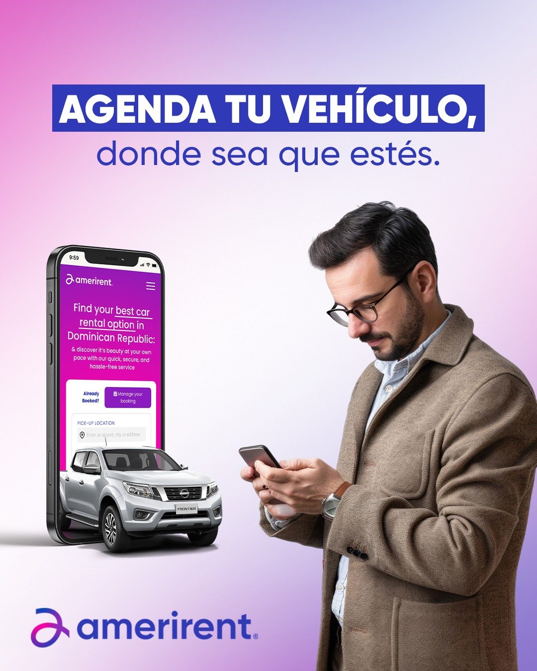 En casa, en la playa o directo en el aeropuerto, agenda tu veh&iacute;culo en minutos y olv&iacute;date de complicaciones 🚗💨.

Hazlo f&aacute;cil y r&aacute;pido. Ingresa a 💻 www.amerirentcarrental.com y recibe tus llaves en nuestra sucursal m&aac