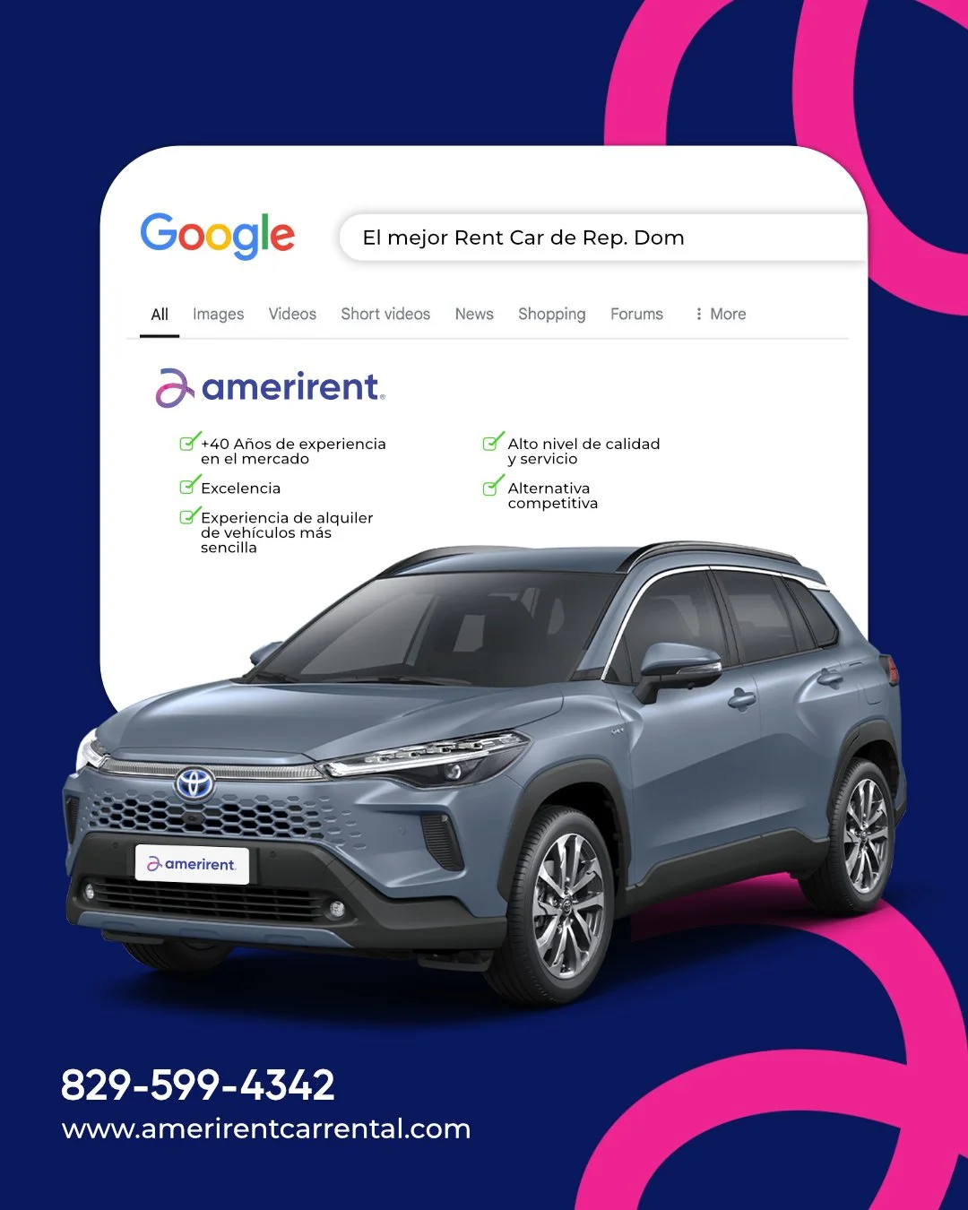 ✅M&aacute;s de 40 a&ntilde;os ofreciendo confianza, calidad y un servicio de alquiler simple y eficiente.

En Amerirent trabajamos para brindarte la mejor experiencia al rentar un veh&iacute;culo en Rep&uacute;blica Dominicana 🇩🇴.

Amerirent
Con no