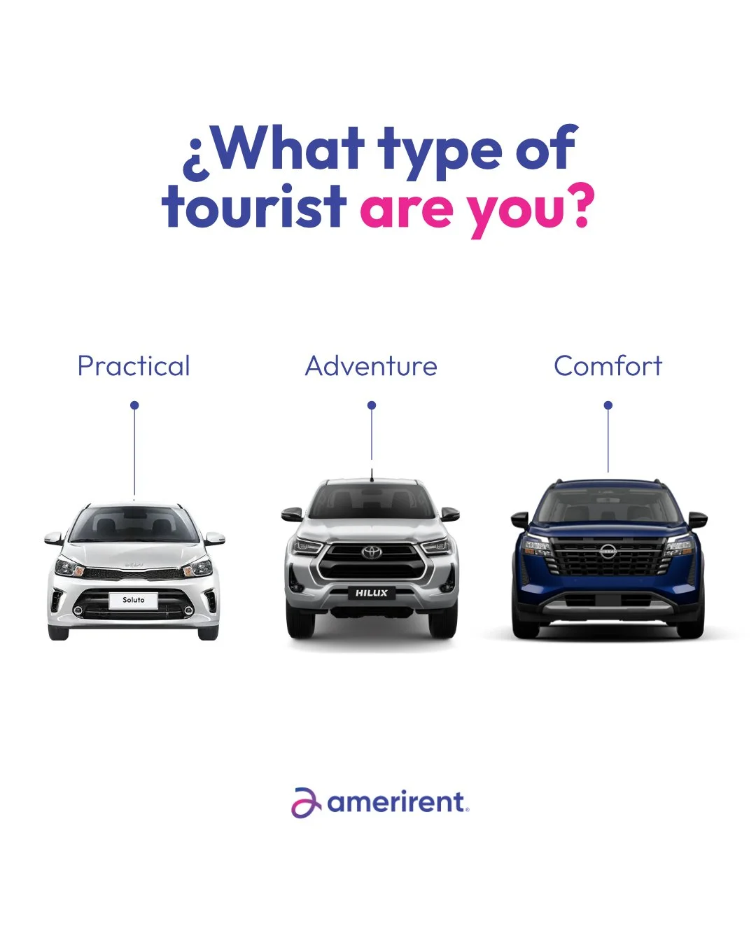 Cada viajero disfruta Rep&uacute;blica Dominicana a su manera. &iquest;Eres de aventura, confort o presupuesto inteligente? 

Cu&eacute;ntanos qu&eacute; tipo de turista eres y elige el veh&iacute;culo que mejor se adapte a tu viaje.

🌐 www.ameriren