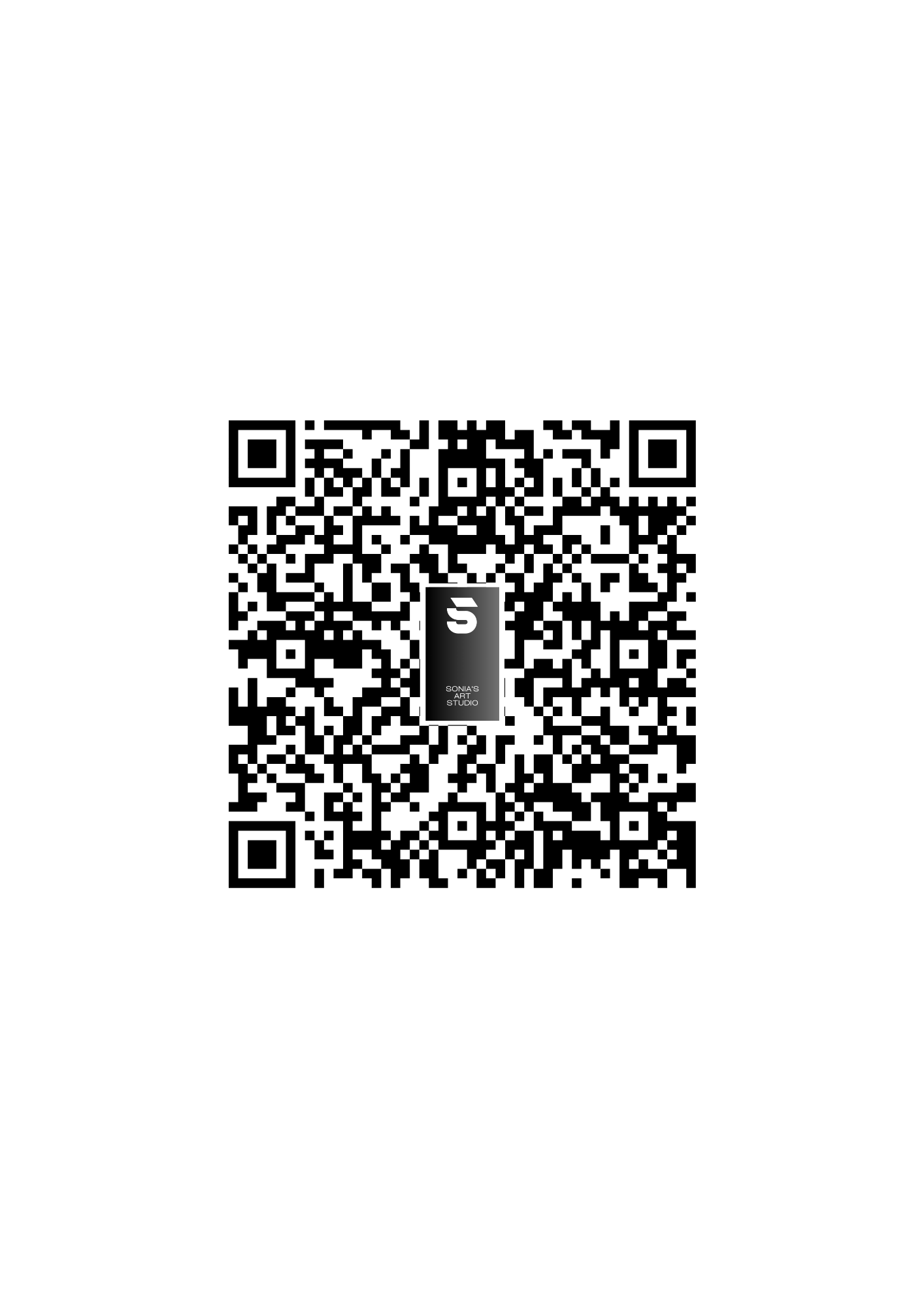 A black screen with a white QR code in the center, with a small logo and text inside the QR code reading 'SONIA'S ART STUDIO'.