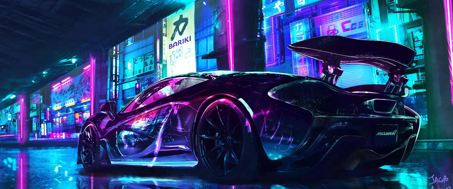 A futuristic McLaren sports car with neon purple and blue lighting in a city street at night, featuring large rear wing and sleek aerodynamic design.