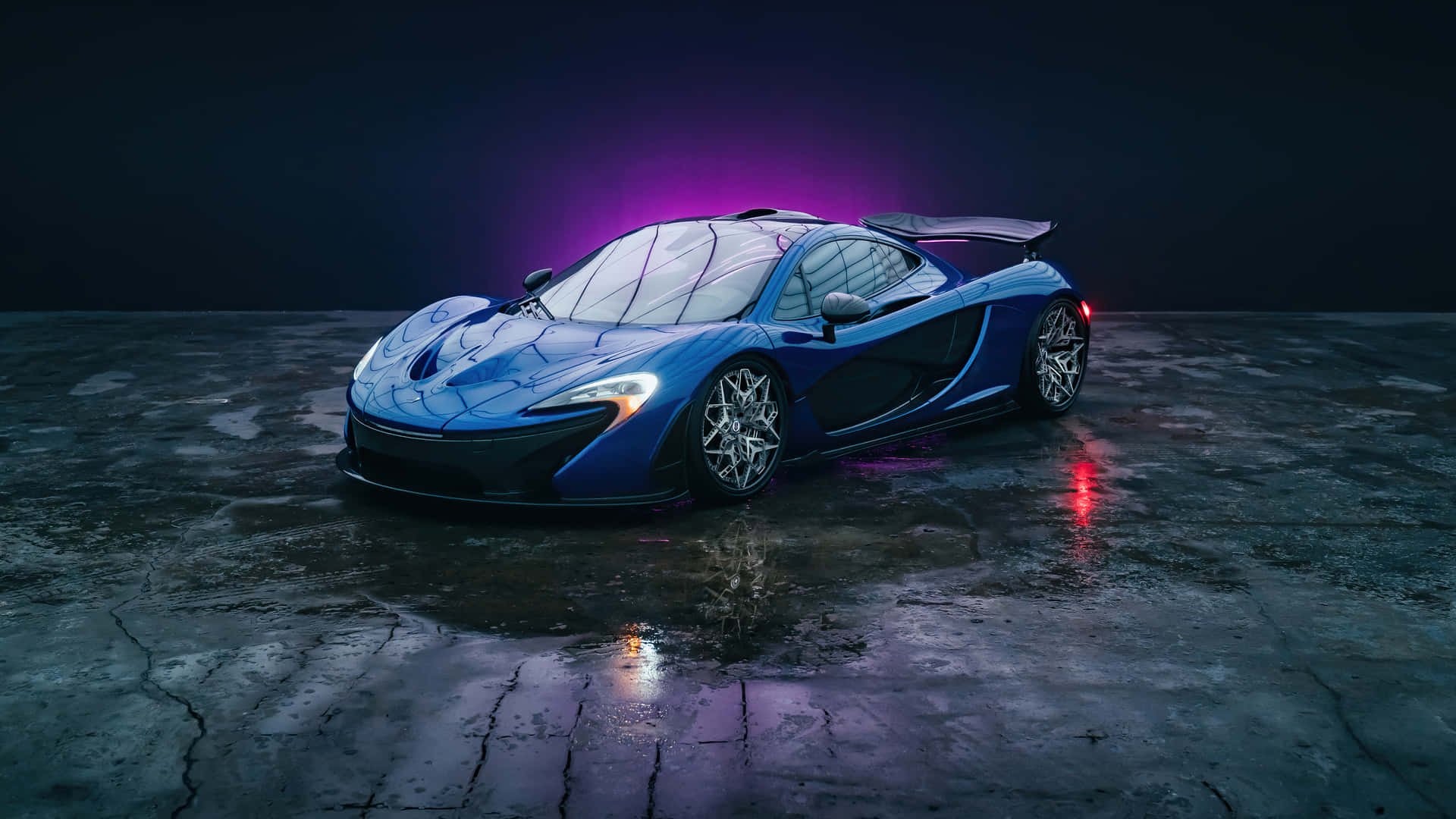 A sleek blue sports car with a futuristic design, tinted glass, and illuminated purple and red lights, parked on a wet, cracked concrete surface in a dark setting