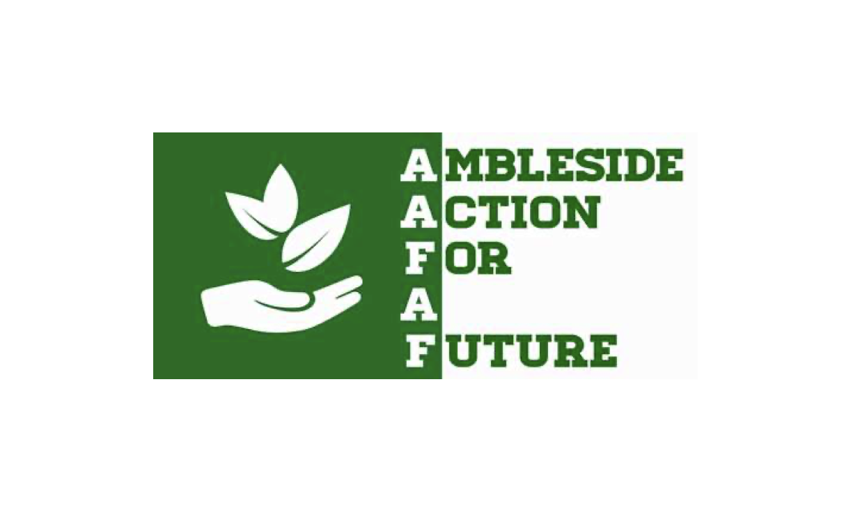 Logo with a green and white color scheme featuring a hand holding three leaves. Text reads "Ambleside Action for a Future".