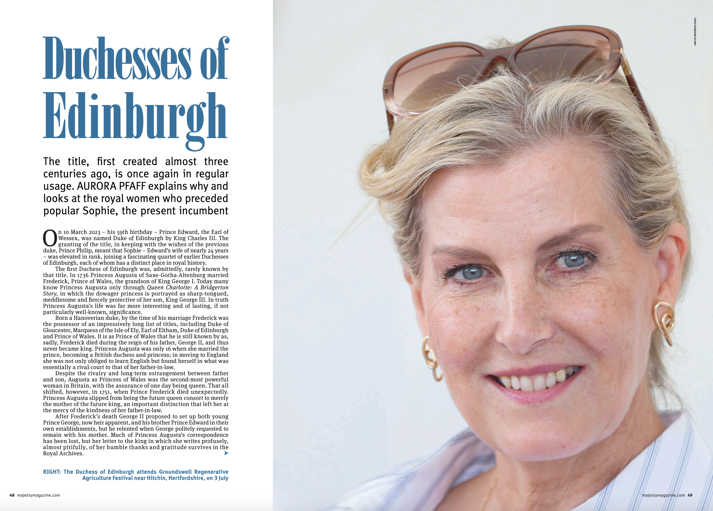 A two-page spread from the glossy Majesty magazine, showing an article about the history of the Duchesses of Edinburgh.