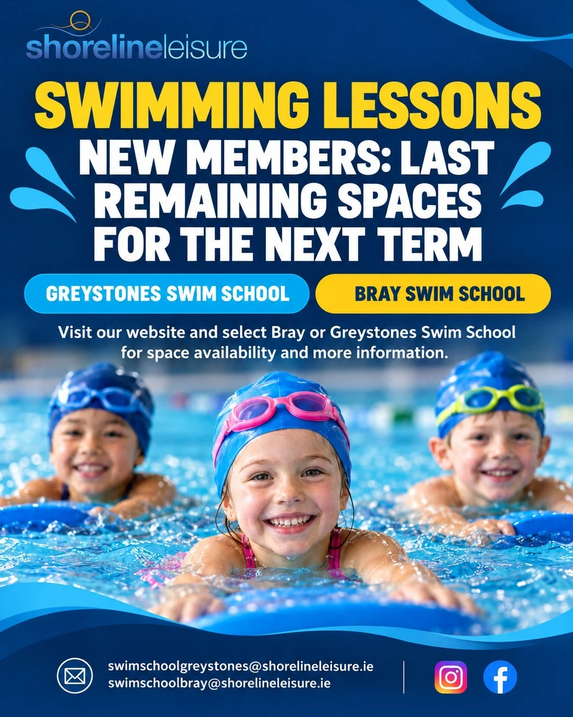 Swim School New members: limited spaces remain for next term that starts this week!🏊

Join our swim school in Bray or Greystones. Visit our website, choose your preferred location and check availability.

For more information, email:
📧 swimschoolbr