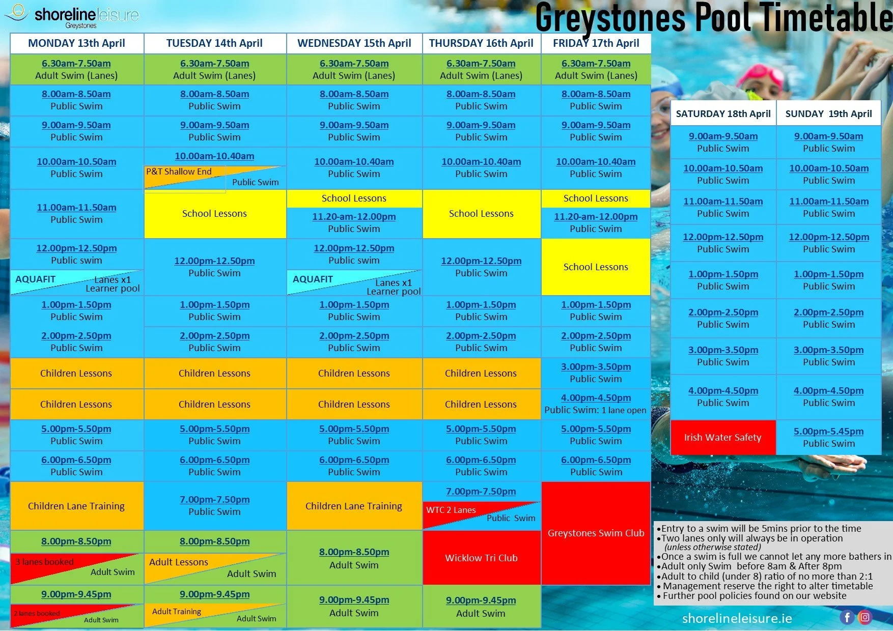 Pool Timetable 13th Apr - 19th Apr