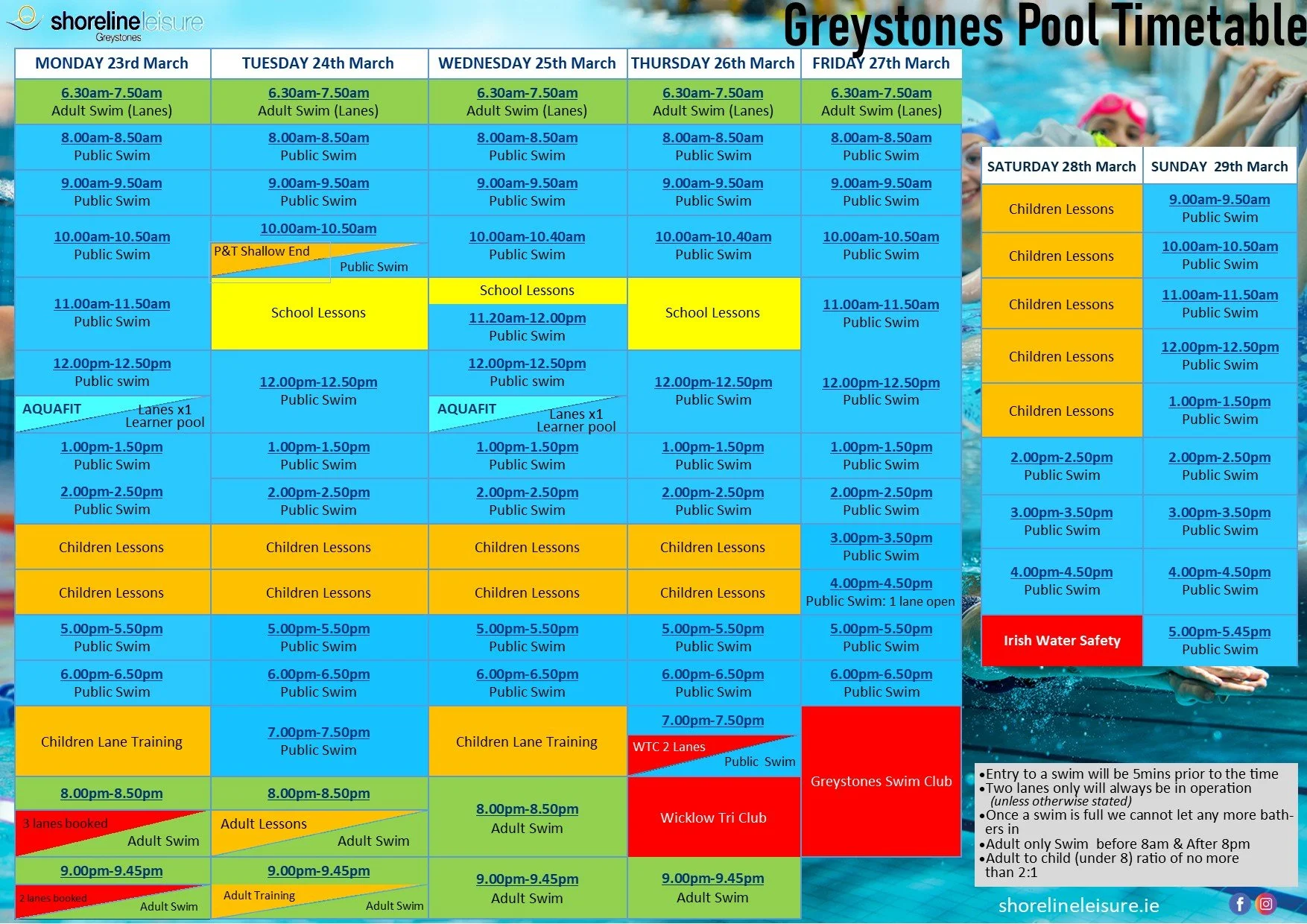 Pool Timetable 23rd Mar - 29th Mar