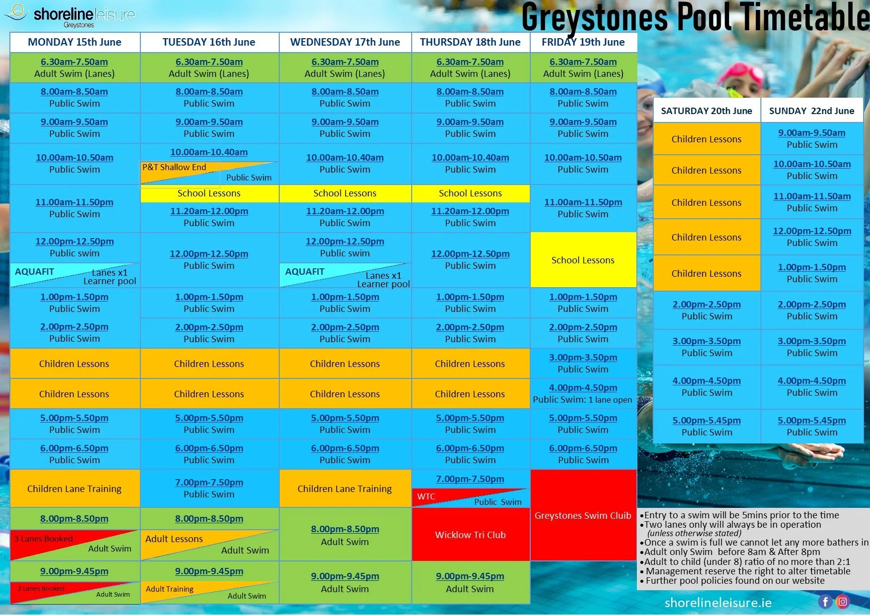 Pool Timetable 15th June - 20th June