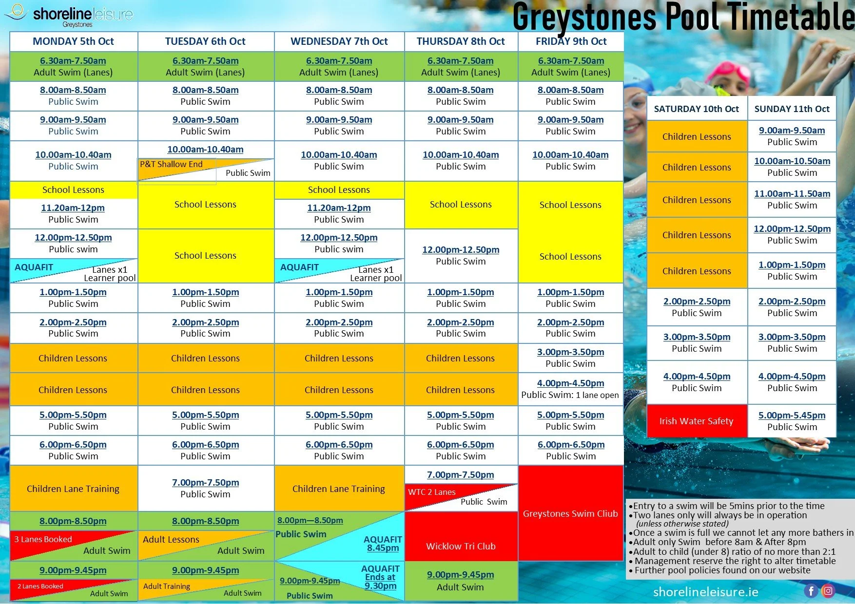 Pool Timetable - 5th October to 11th October