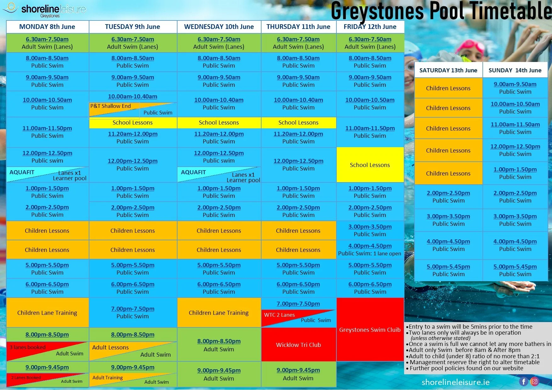 Pool Timetable 8th June - 14th June