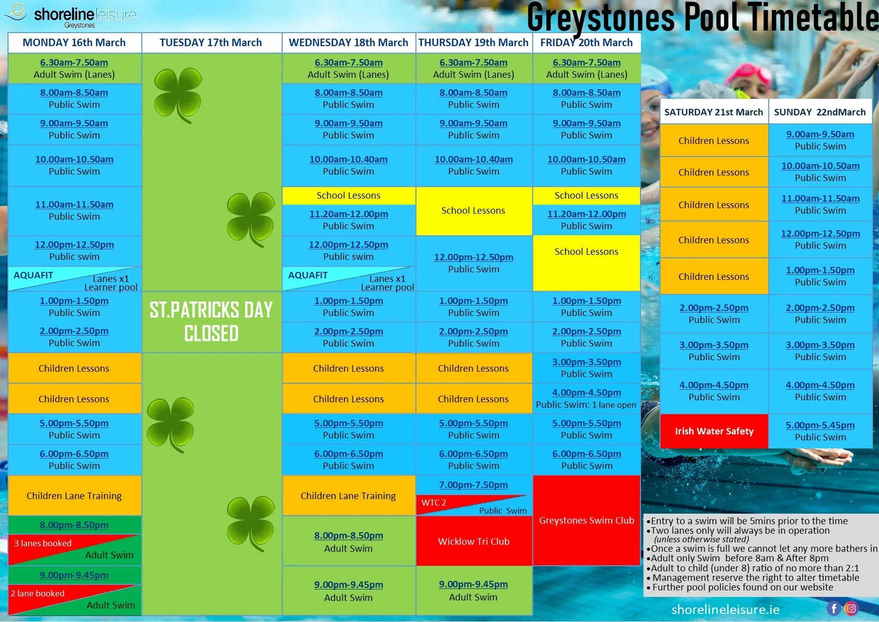 Pool Timetable 16th Mar - 22nd Mar