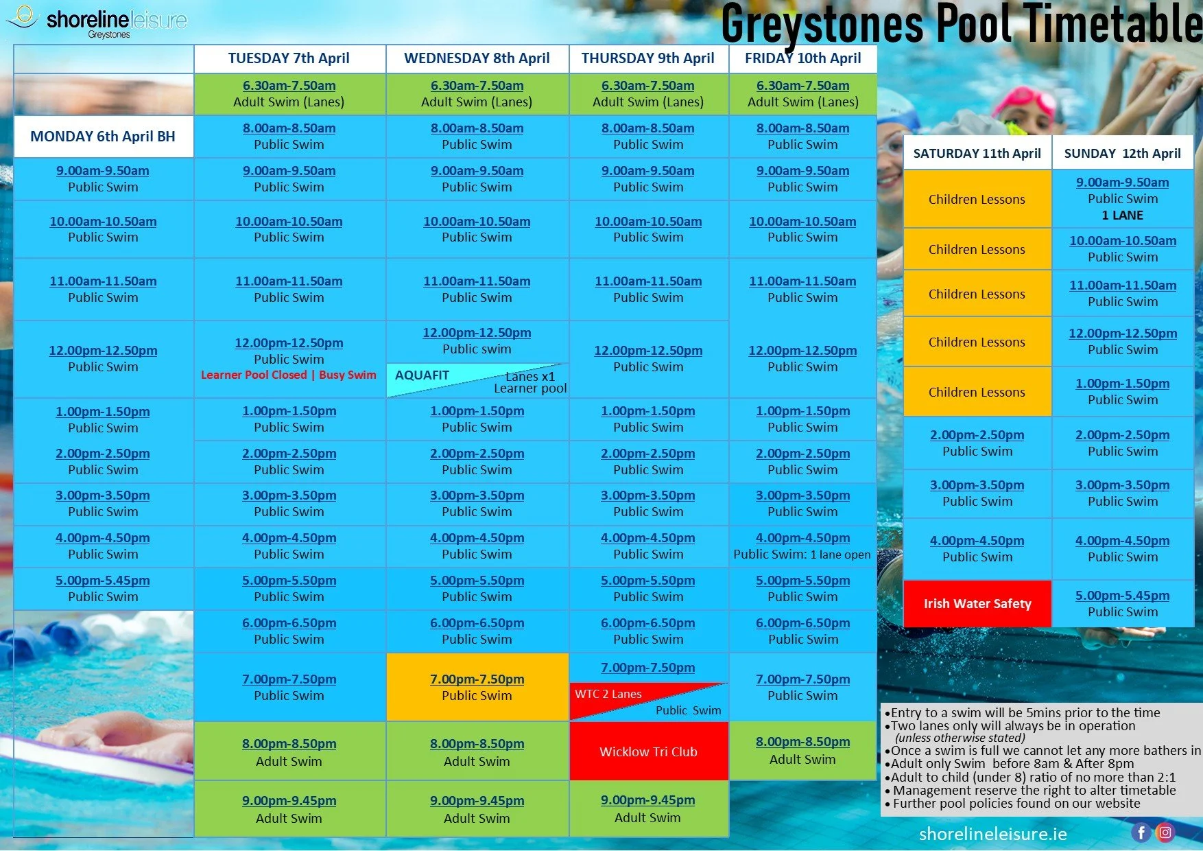 Pool Timetable 6th Apr - 12th Apr