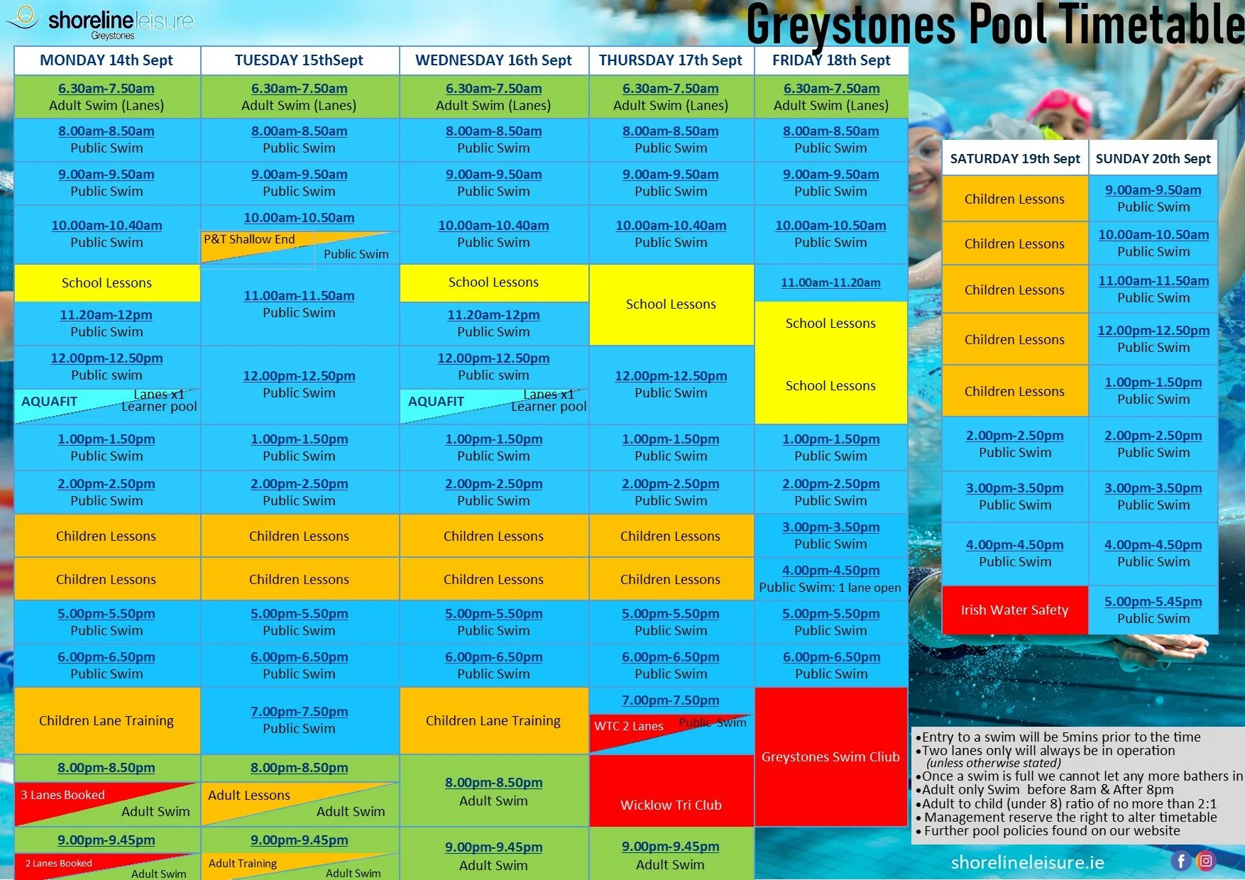 Pool Timetable - 14th to 20th September