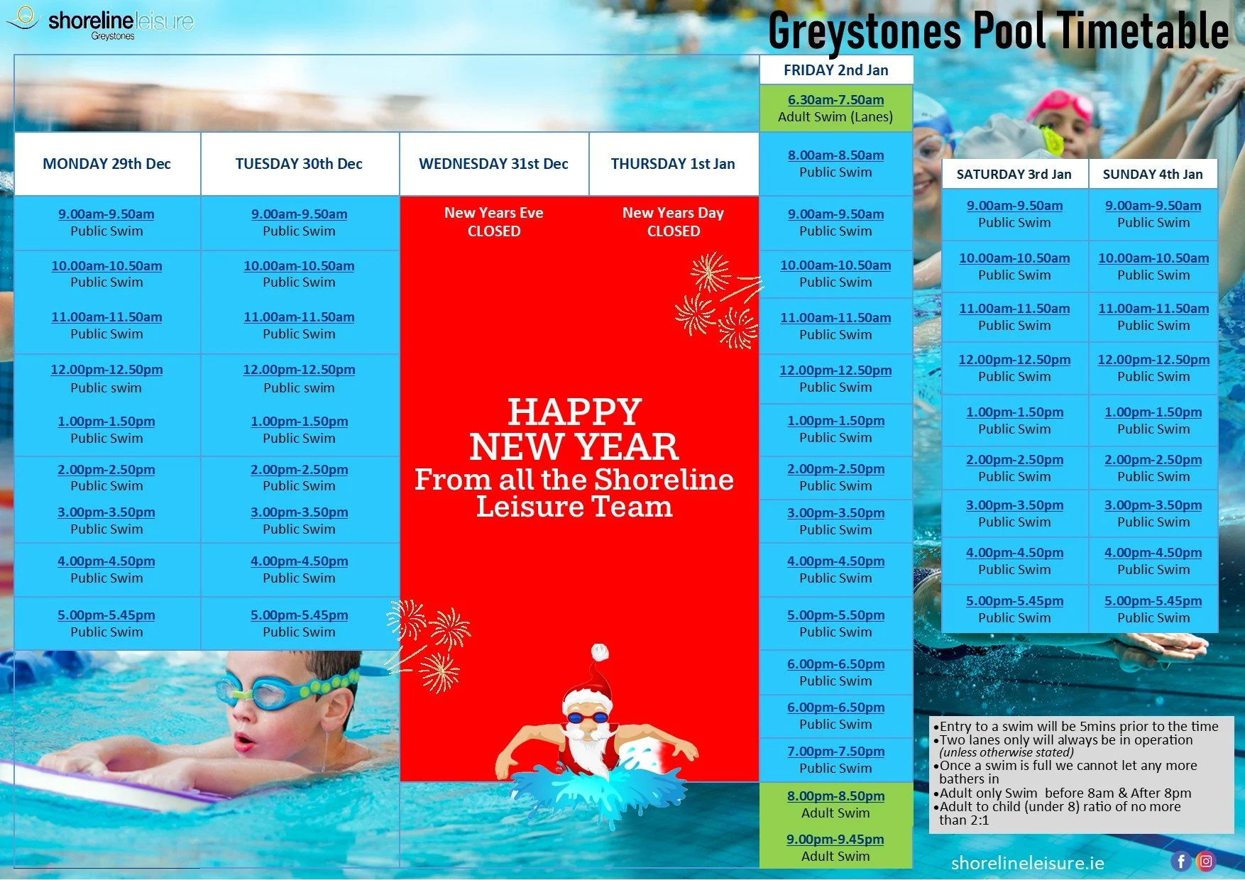 Pool Timetable 29th December- 4th January 2026