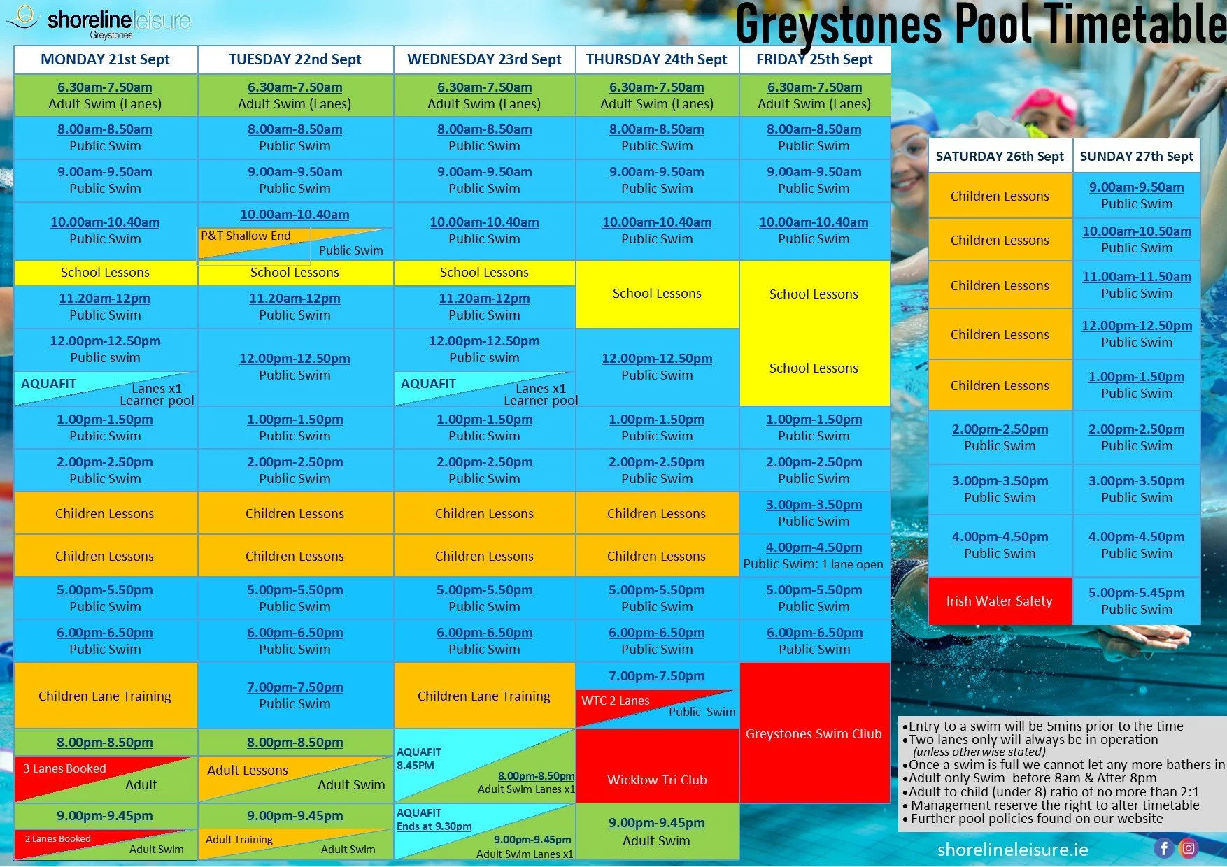 Pool Timetable - 21st to 27th September