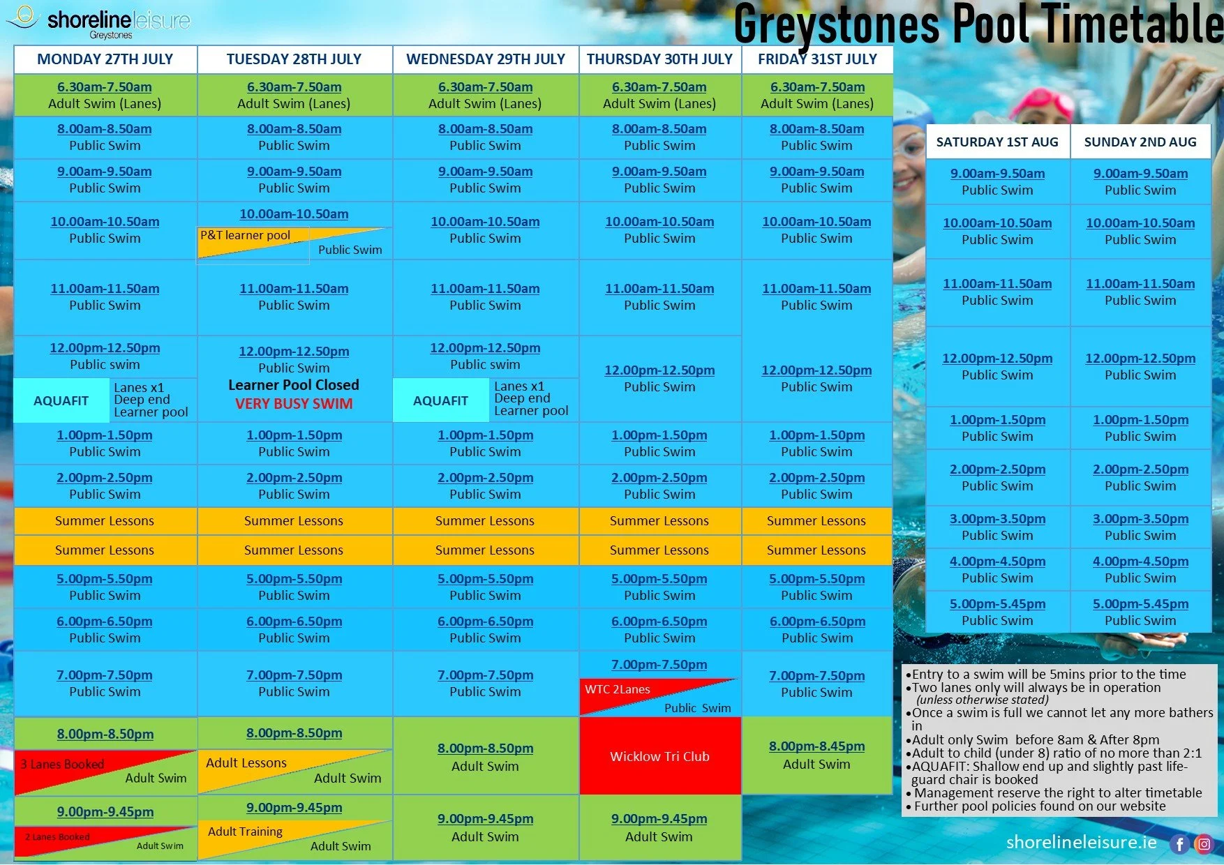 Pool Timetable 27th July - 2nd August