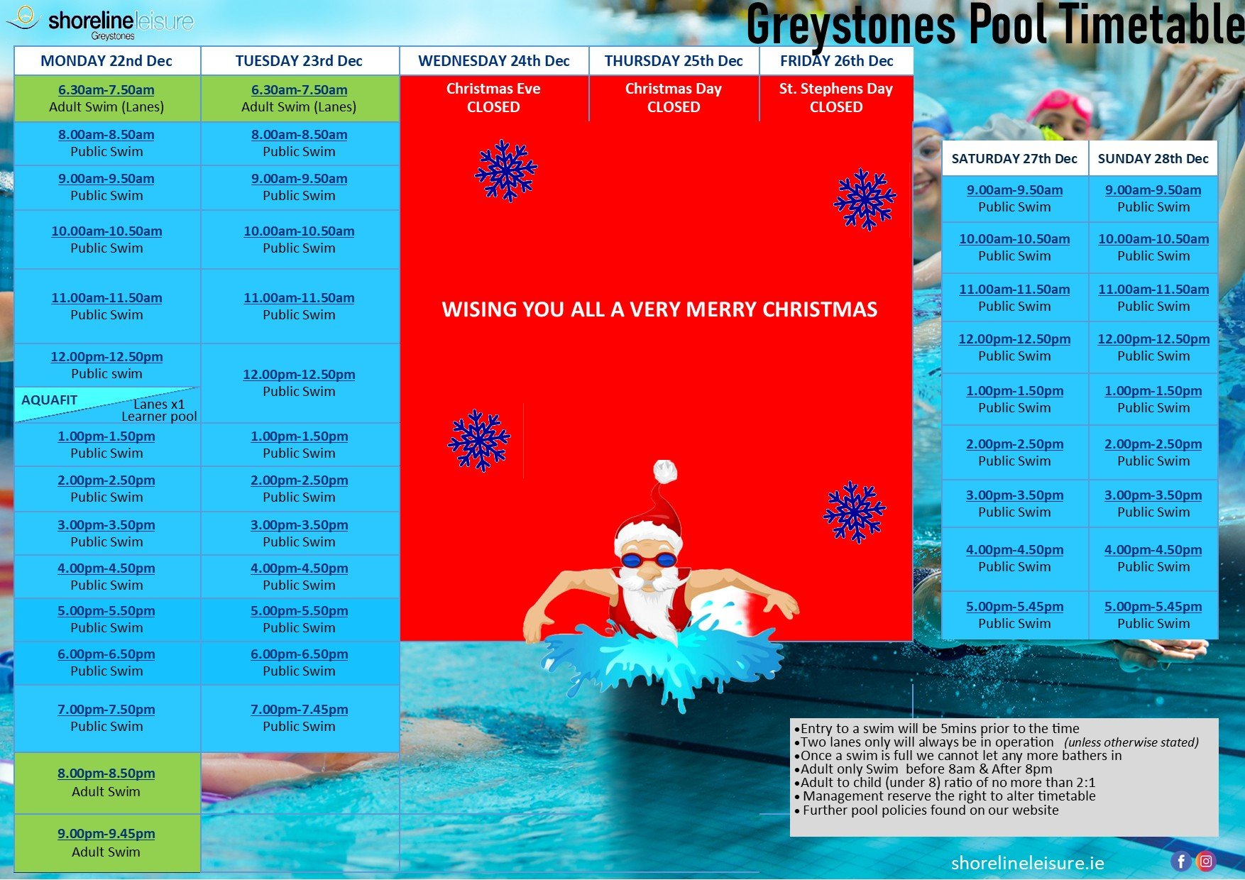 Pool Timetable 22nd- 28th December