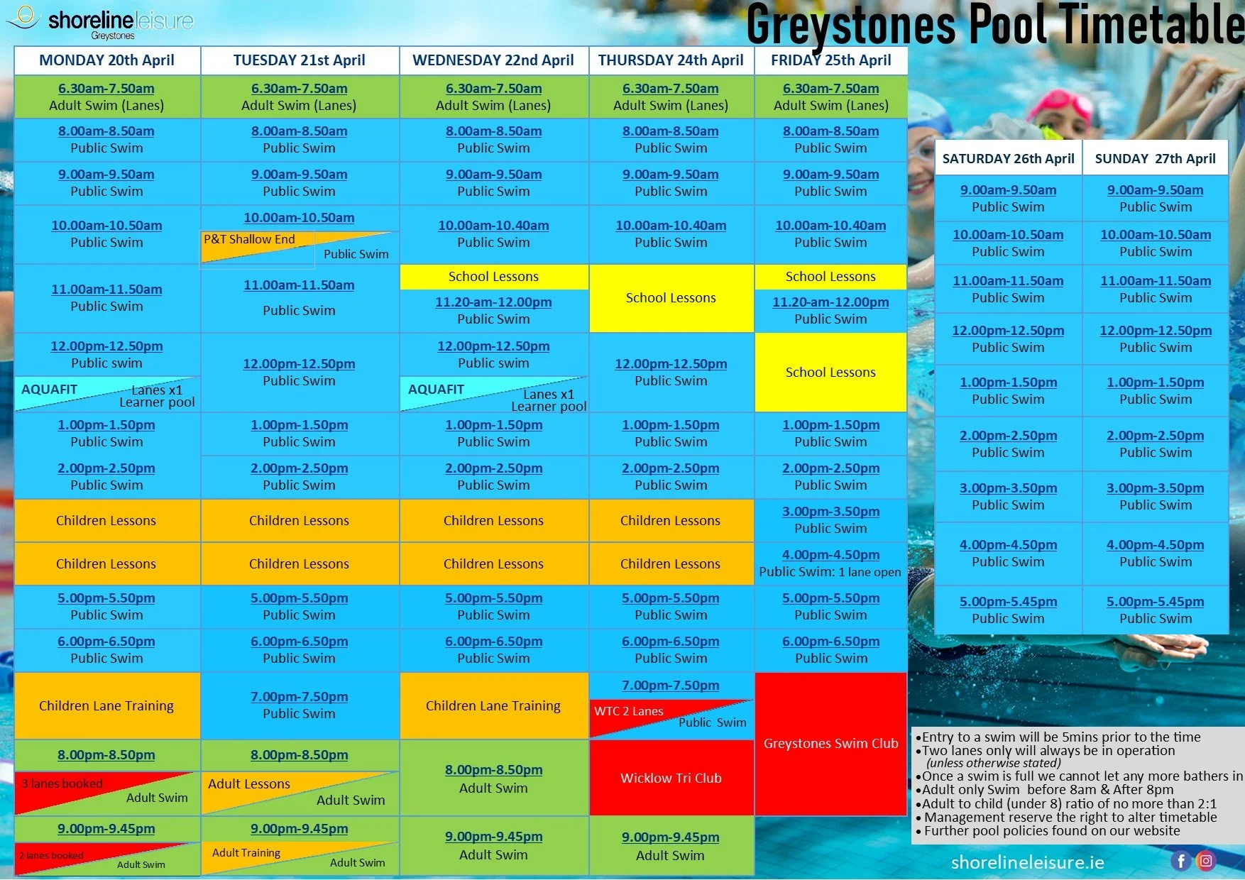 Pool Timetable 20th Apr - 26th Apr