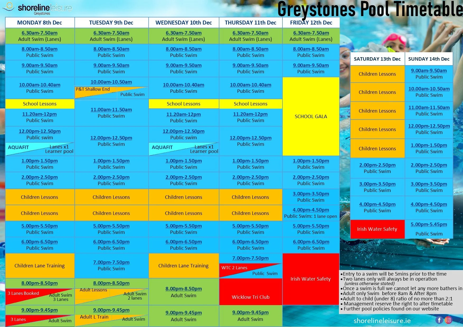 Pool Timetable 8th - 14th December
Please note the pool will be closed 10am-1pm on Friday 12pm due to a school swim gala