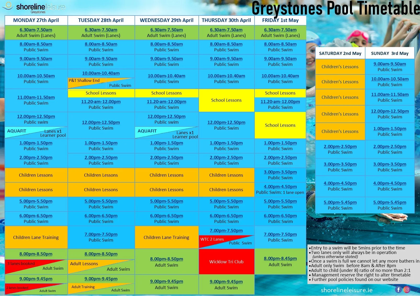 Pool Timetable 27th Apr - 3rd May