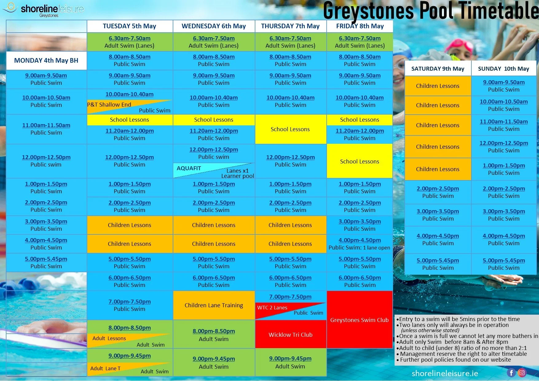 Pool Timetable 4th May - 10th May
