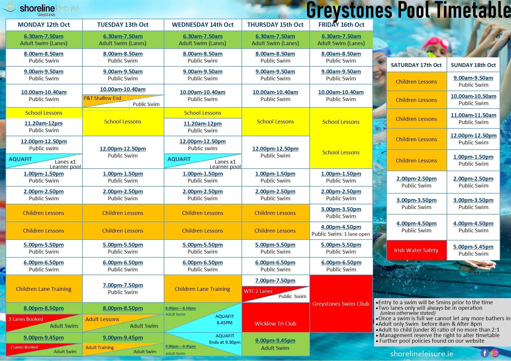 Pool Timetable - 12th October to 18th October