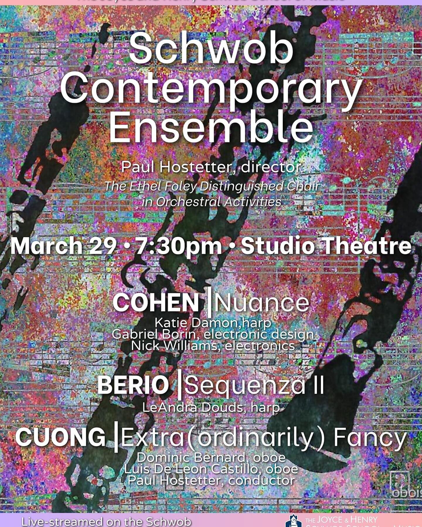 Join the Schwob Contemporary Ensemble this Friday March 29, 7:30 pm in Studio Theatre. 
Schwoboes Dominic Bernard (@dominic_bernard) and Luis De Leon (@deleonoboist) will be performing Viet Cuong&rsquo;s &ldquo;Extra(ordinarily) Fancy&rdquo;. 
This c