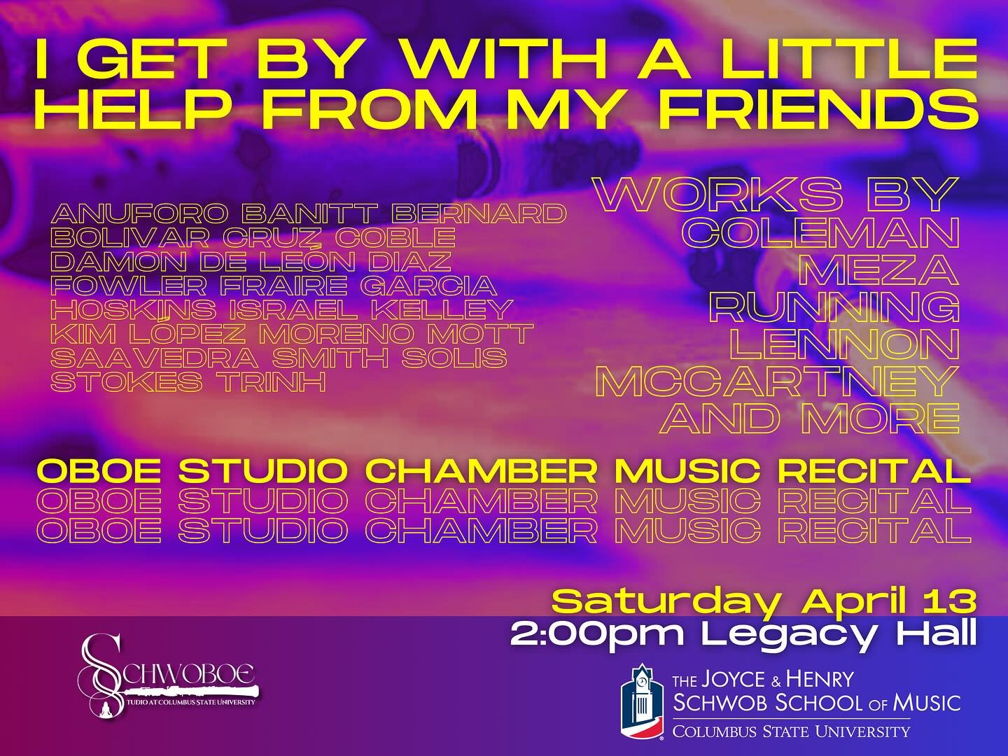 🛎️ Join the Schwoboe studio recital this Saturday April 14 at 2:00 pm in Legacy Hall with a beautiful chamber music program, featuring amazing musicians from @schwobviolins @schwobviola @schwobcellos @schwobclarinetstudio @schwobassoon @schwobflutes