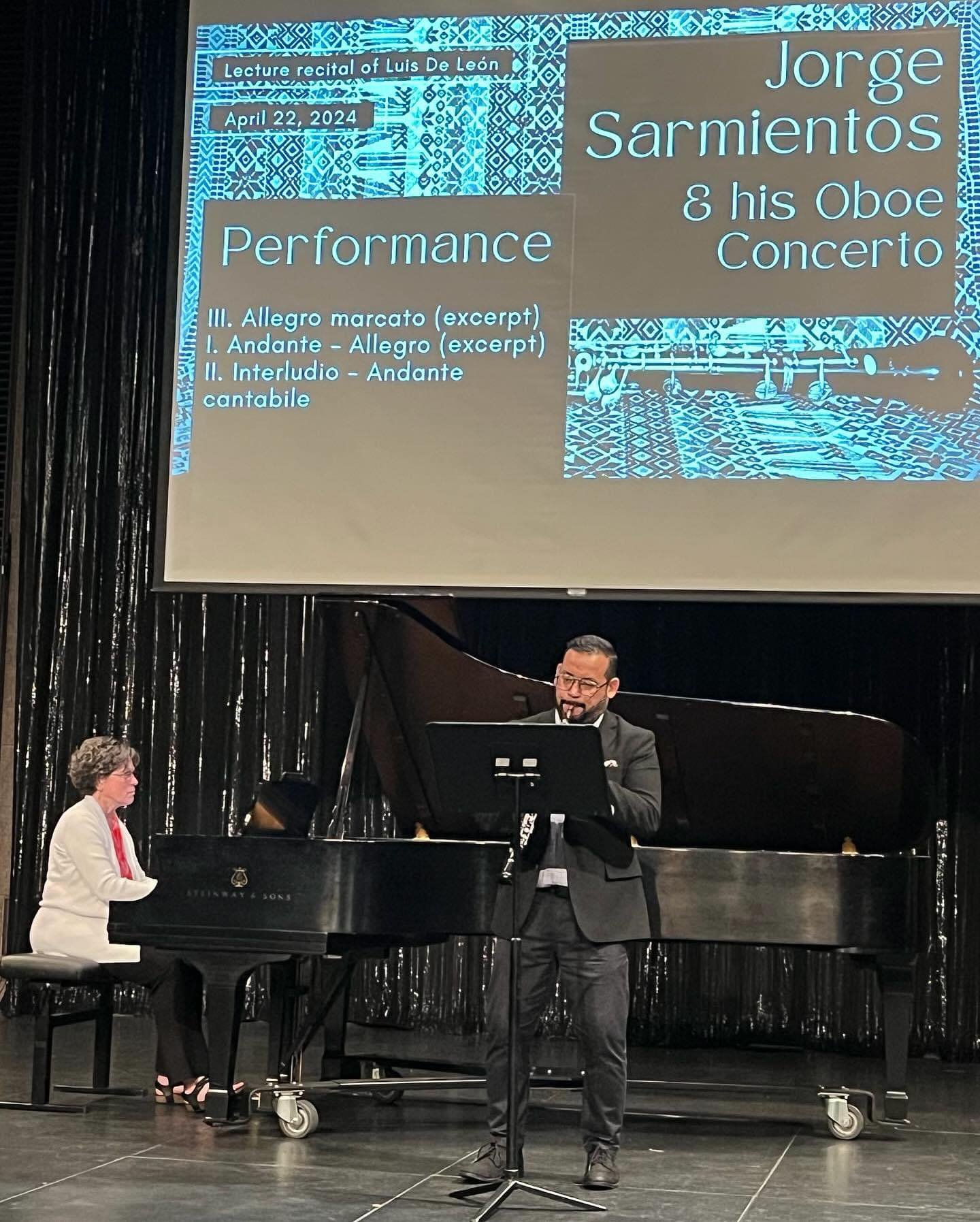 This Monday April 22nd Schwoboe graduate student Luis De Leon presented a very interesting lecture recital about Jorge Sarmientos oboe concerto, with collaboration of our amazing pianist Susan Hoskins and Schwob composition student Evan O&rsquo;Dell.