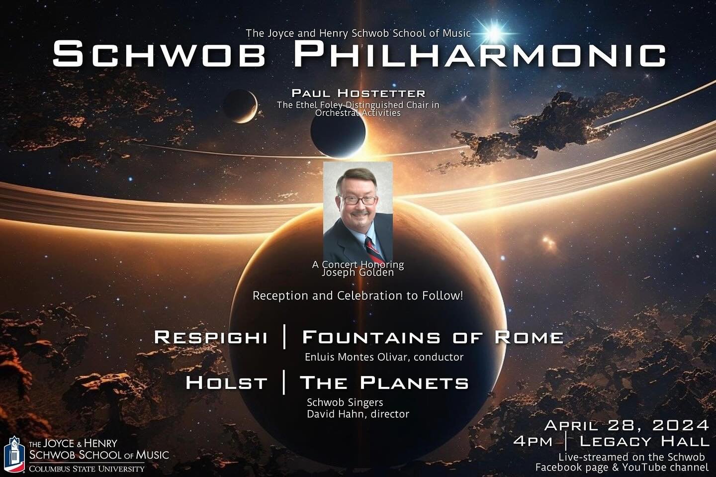 🔔 This Sunday April 28th at 4 pm in Legacy Hall the Schwob Philharmonic will be performing Resphigi&rsquo;s Fountains of Rome and Holst&rsquo;s The Planets, alongside the Schwob Singers under the direction of Dr. David Hahn. 

Join this event at Leg