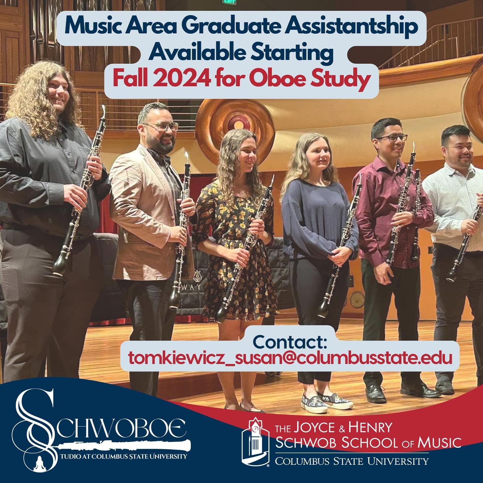 A last minute graduate assistantship for an oboe student pursuing a Masters Degree or Artist Diploma has become available at the Schwob School of Music. Please contact Dr. Susan Tomkiewicz for more information. 

#schwobmusic #schwoboes