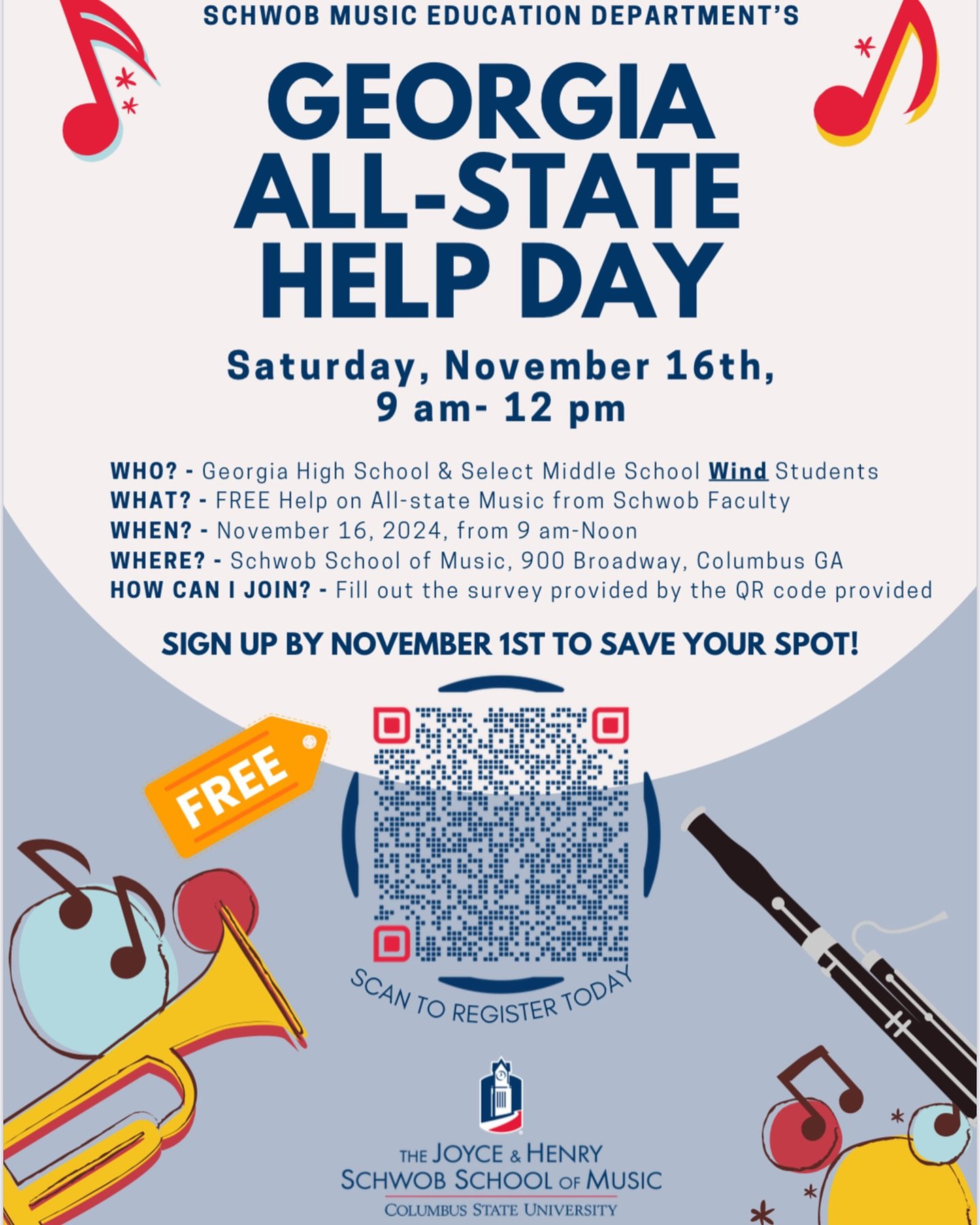 The Schwob School of Music will be hosting the second annual All-State Help Day this November 16th, 2024 starting at 9:00 am to 12:00 pm. This event is open to Georgia High School and selected Middle School students, who will have the opportunity to 