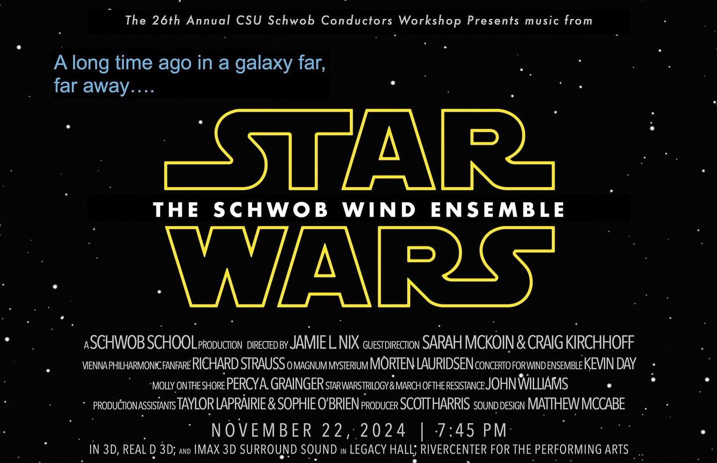 Join us live in Legacy Hall at 7:45PM this Friday, November 22nd, for the 26th Annual Columbus State University Conductors Workshop concert, featuring guest conductors Craig Kirchoff and Sarah McKoin. The program includes works by Richard Strauss, Mo