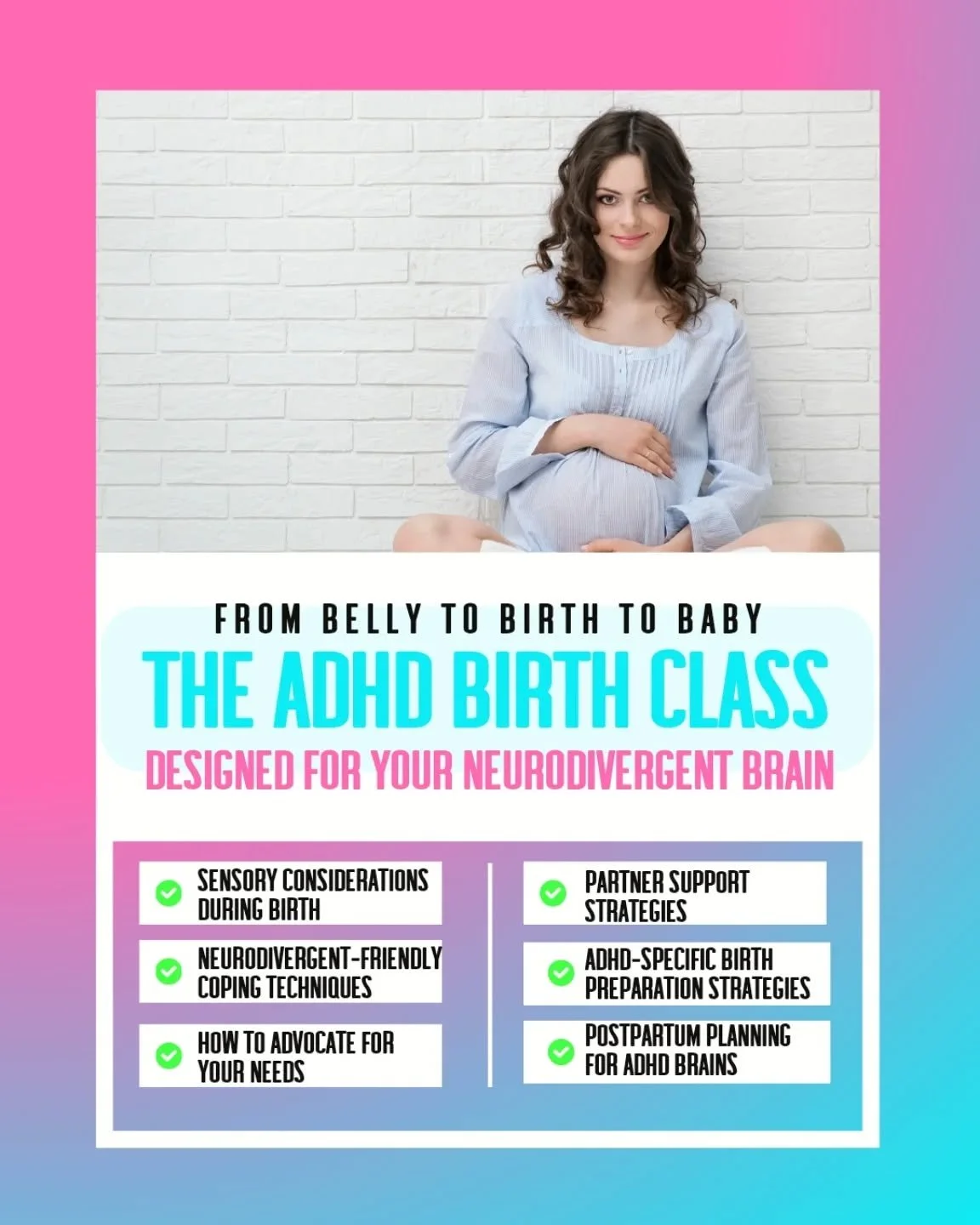 ADHD Birth Class Now Enrolling! 
Transform your pregnancy and birth experience with this specialized ADHD Birth Class - designed specifically for neurodivergent parents like you!

🧠 What You'll Learn:

~ ADHD-specific birth preparation strategies
~ 