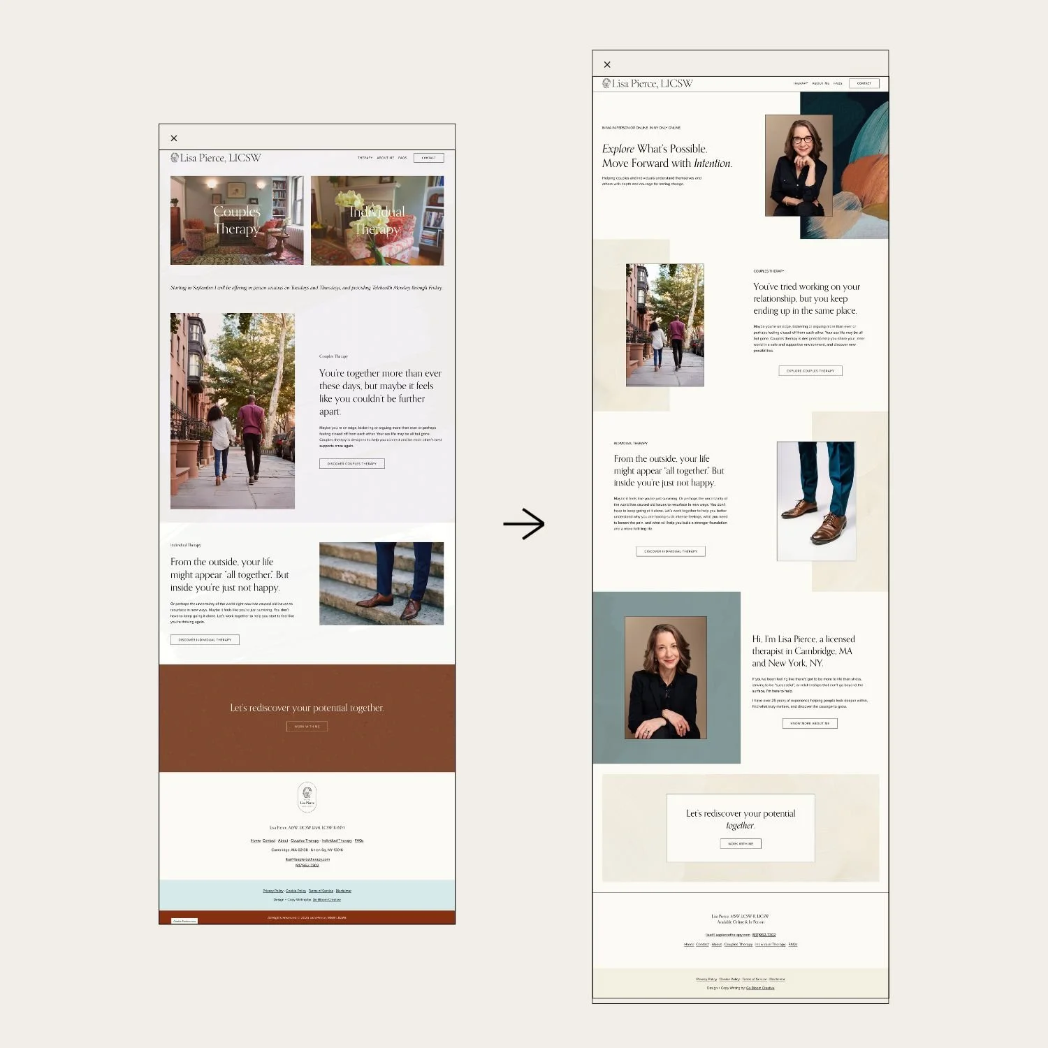 Lisa Pierce's homepage before and after transformation