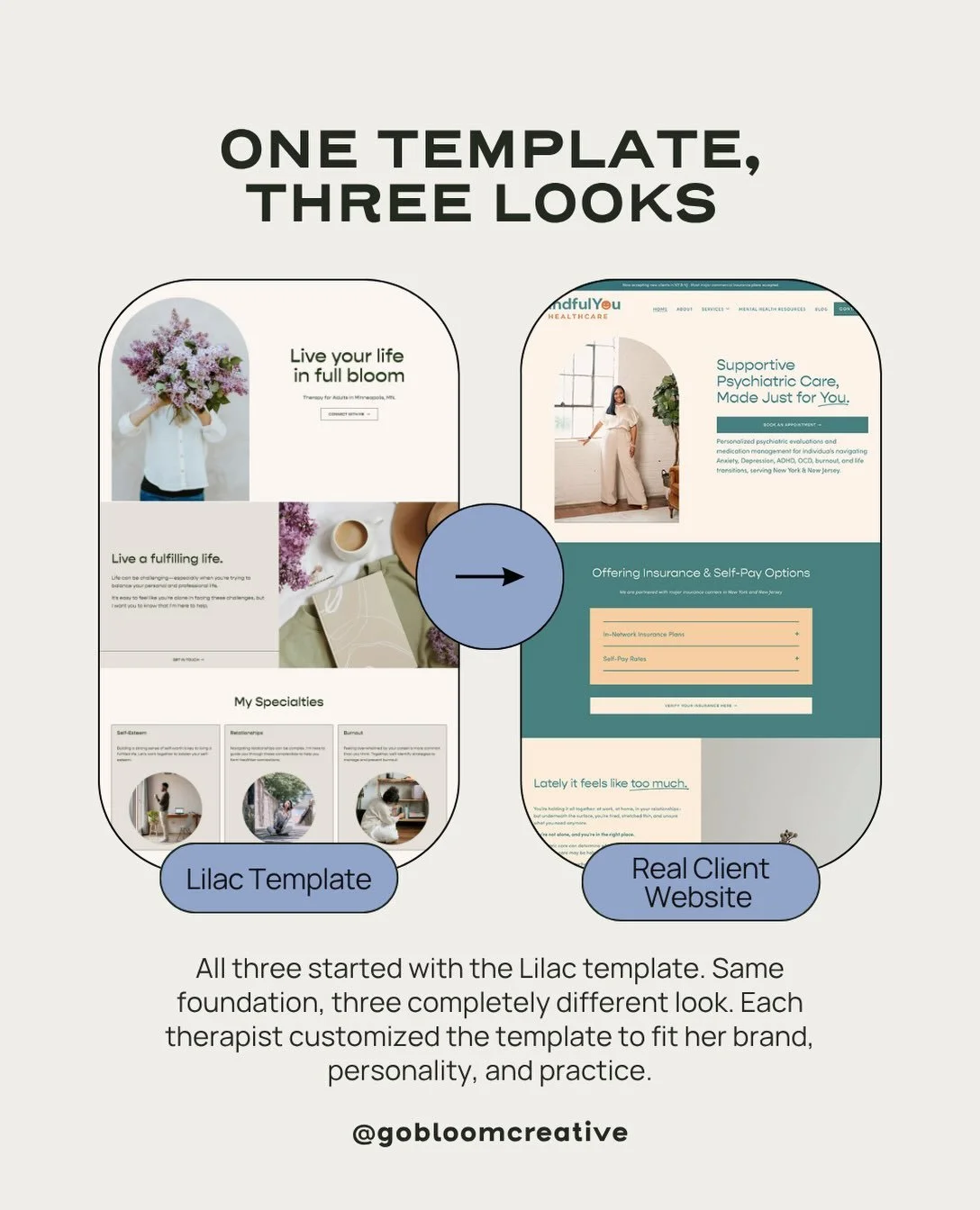 One template. Three completely different websites.

🪻

And before you think, &ldquo;Okay, but I could never make mine look that different&hellip;&rdquo; you really can. All of these sites were made by therapists-not expert designers.

🪻

All three 