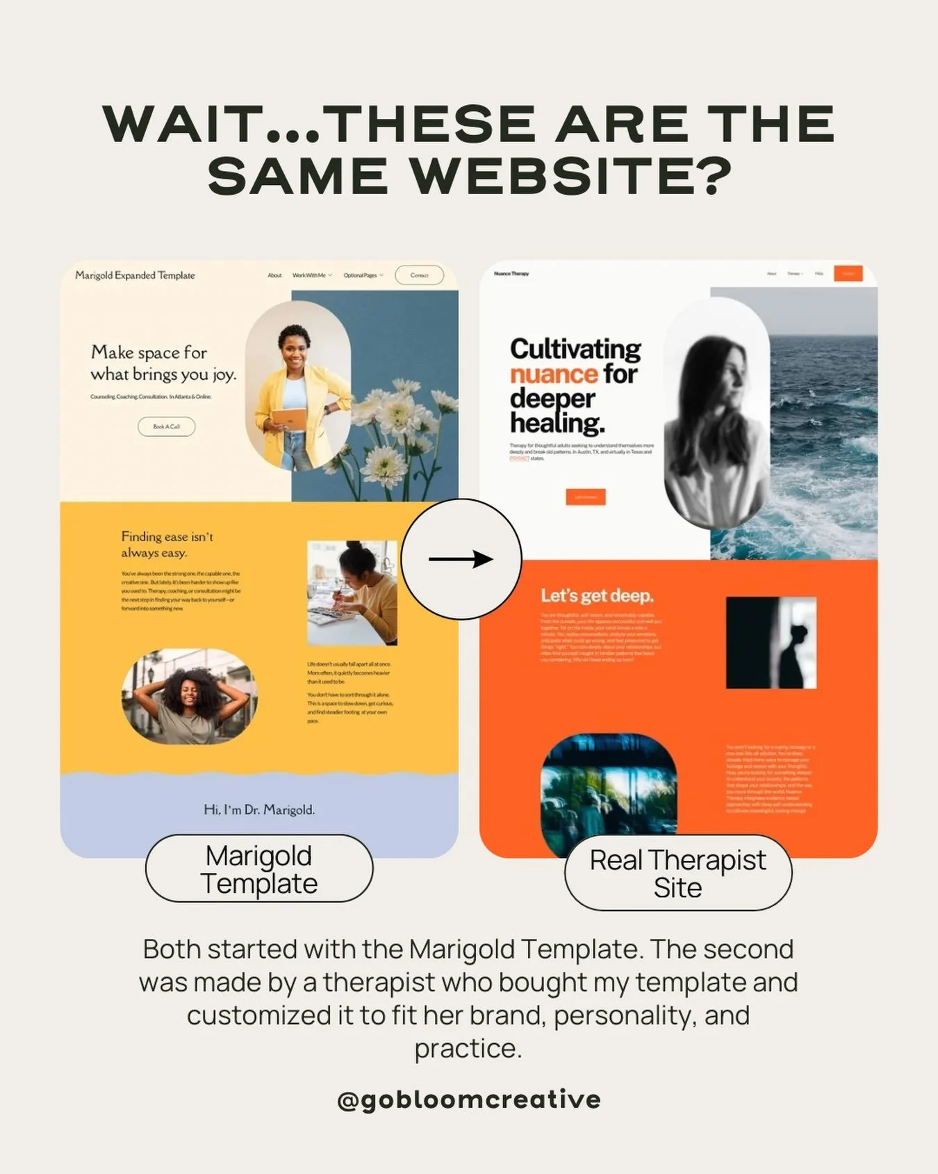 Wait&hellip;these are the same template?

Yep. Both started with Marigold.

The first is the original template. The second was customized by a real therapist using her brand colors, fonts, photos, personality, and practice to turn it into something t