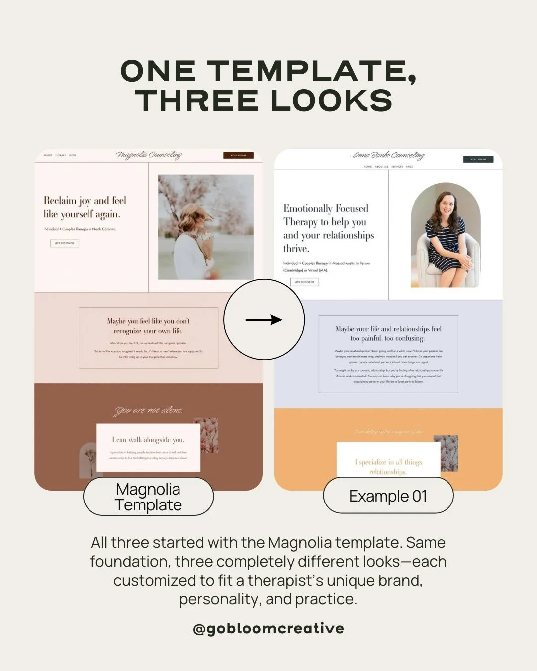 One of the biggest worries I hear about website templates is: &ldquo;But will my website look like everyone else&rsquo;s?&rdquo;

This is exactly why I love showing you the versatility of my templates.

All three of these started with Magnolia, but e