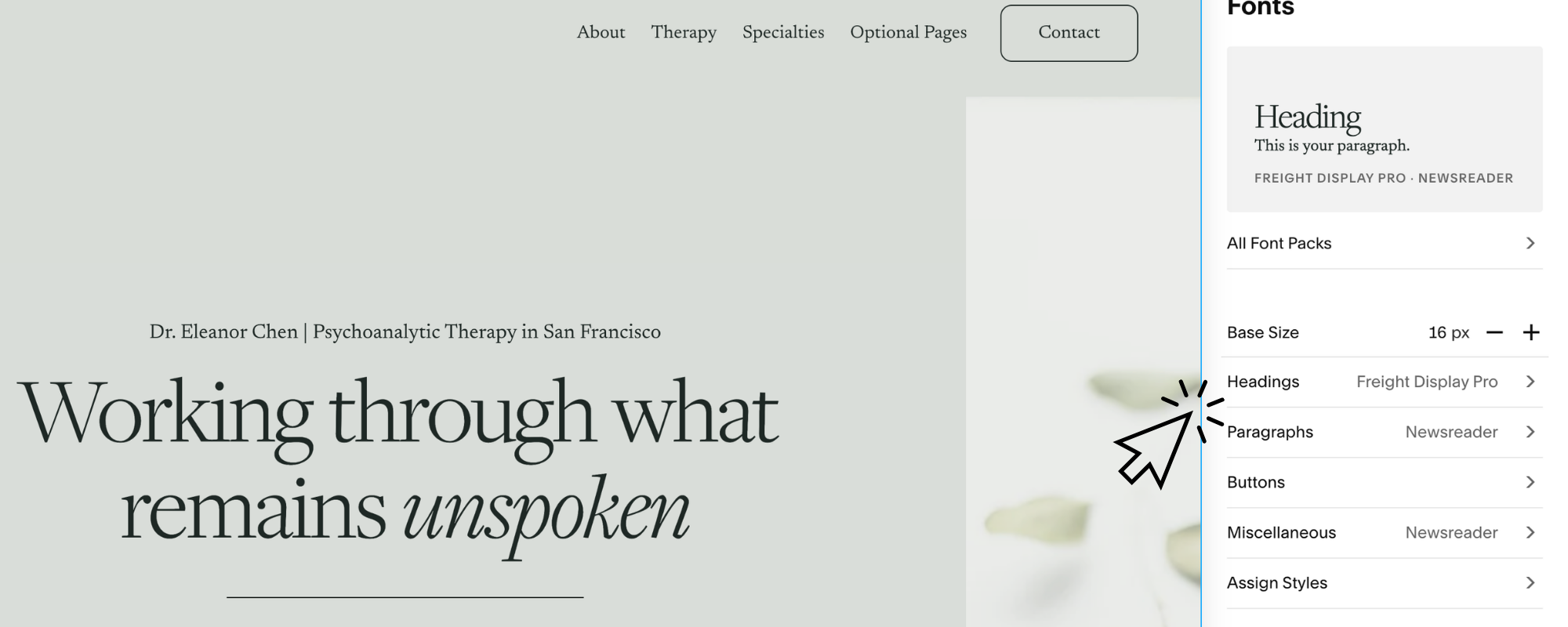 screenshot of Squarespace fonts panel that shows the different fonts you can customize