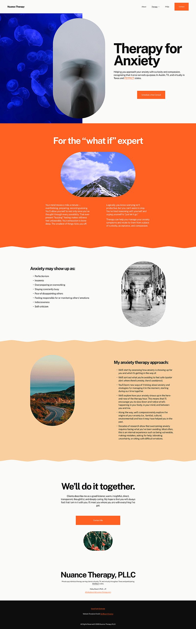 Anxiety Therapy specialty page with bold blue and orange styling